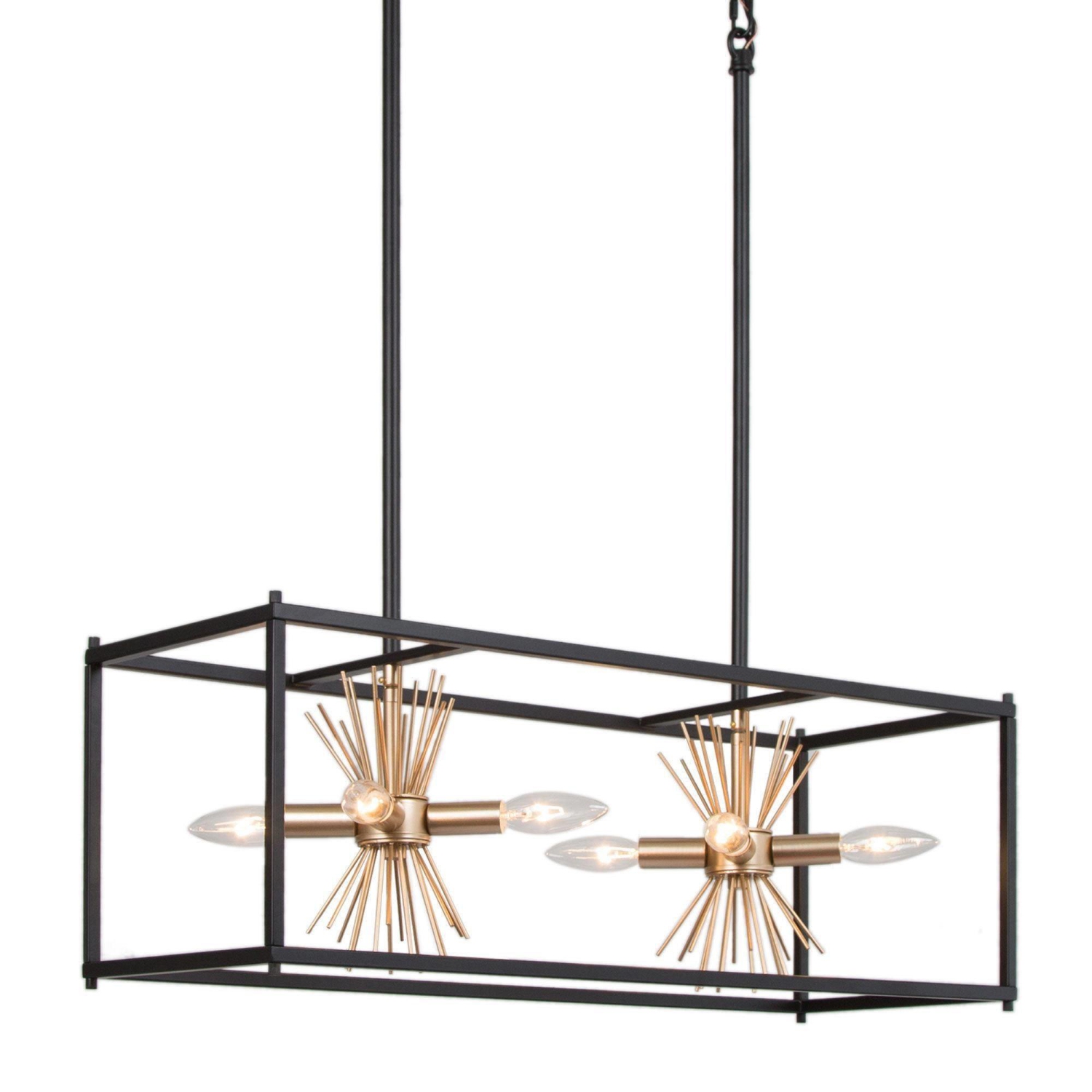 Modern Sputnik Kitchen Island Chandelier, 8-Light Black and Gold Square Linear Chandelier Light for Dining Room