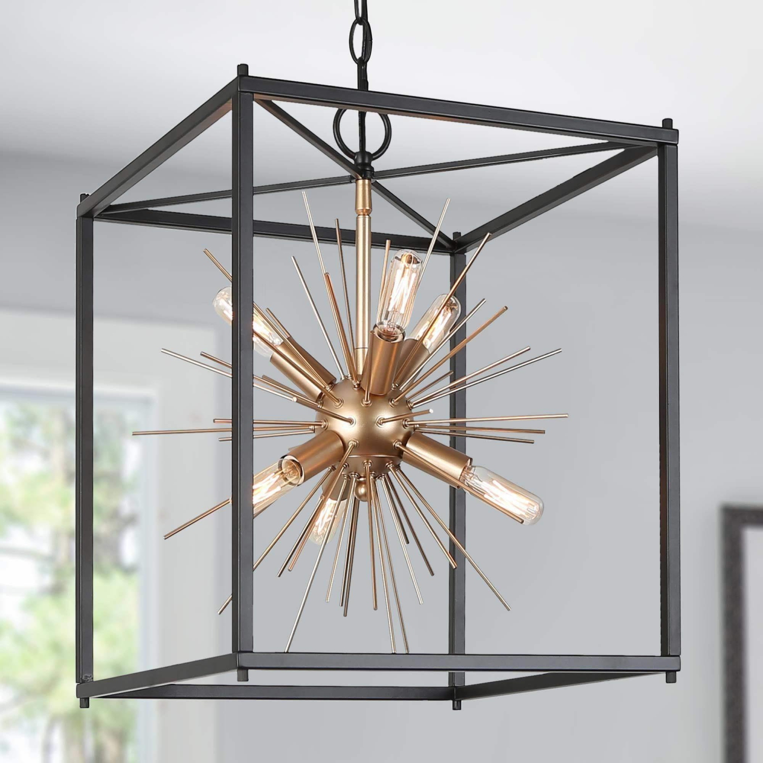 Modern Kitchen Island Chandelier, 6-Light Black and Gold Transitional Square Chandelier with Sputnik Design
