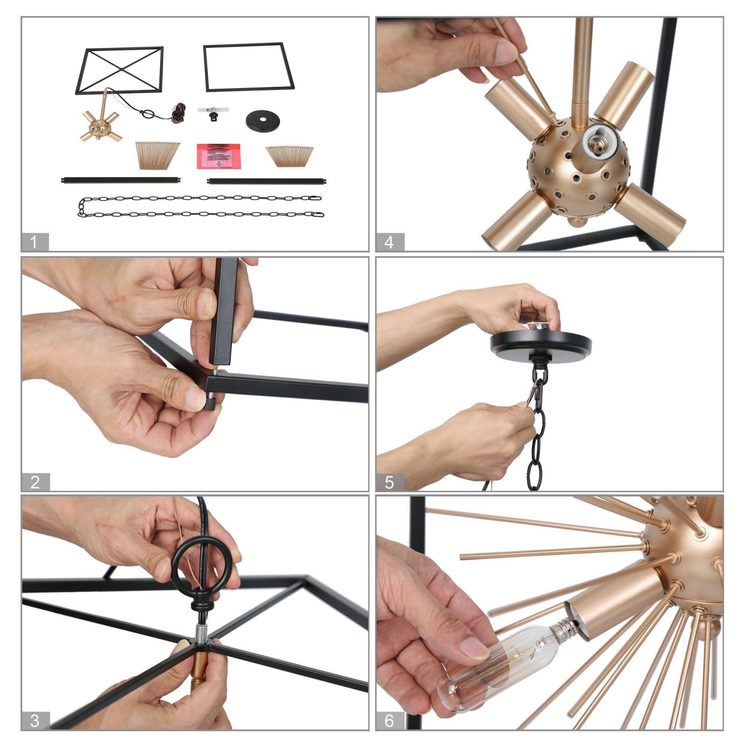 Modern Kitchen Island Chandelier, 6-Light Black and Gold Transitional Square Chandelier with Sputnik Design