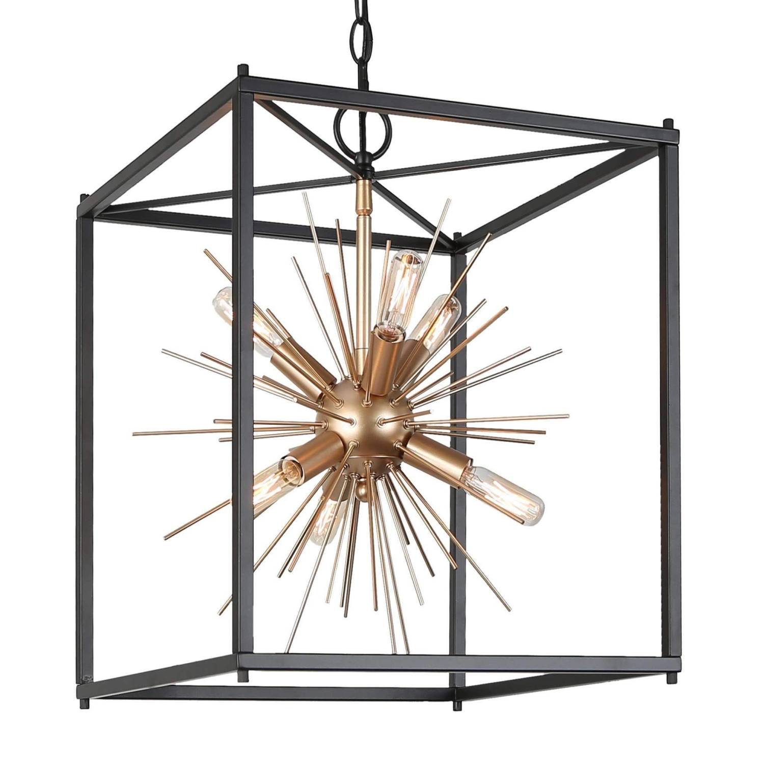Modern Kitchen Island Chandelier, 6-Light Black and Gold Transitional Square Chandelier with Sputnik Design