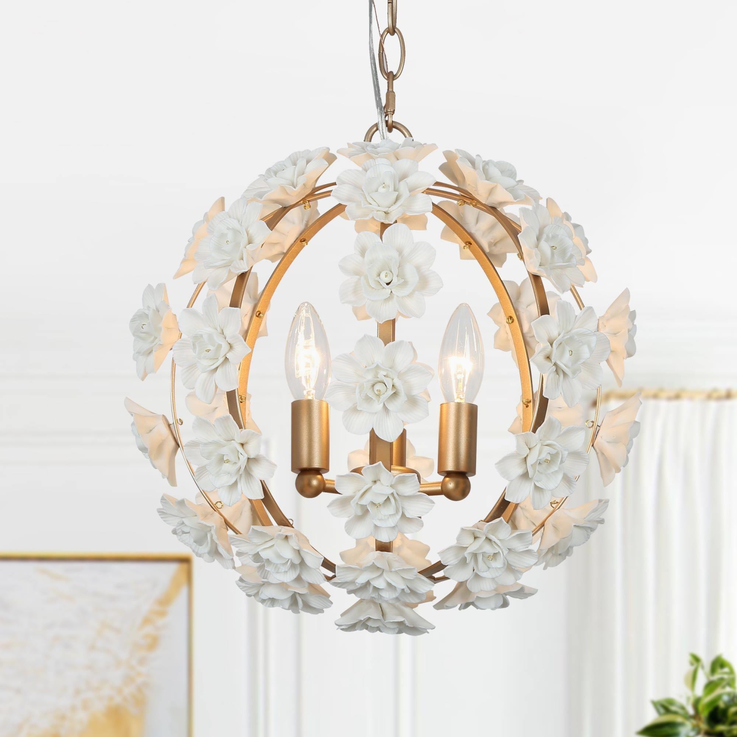 Modern Globe Dining Room Chandelier, 3-Light Gold Chandelier Light with Craftsman White Ceramics Flowers