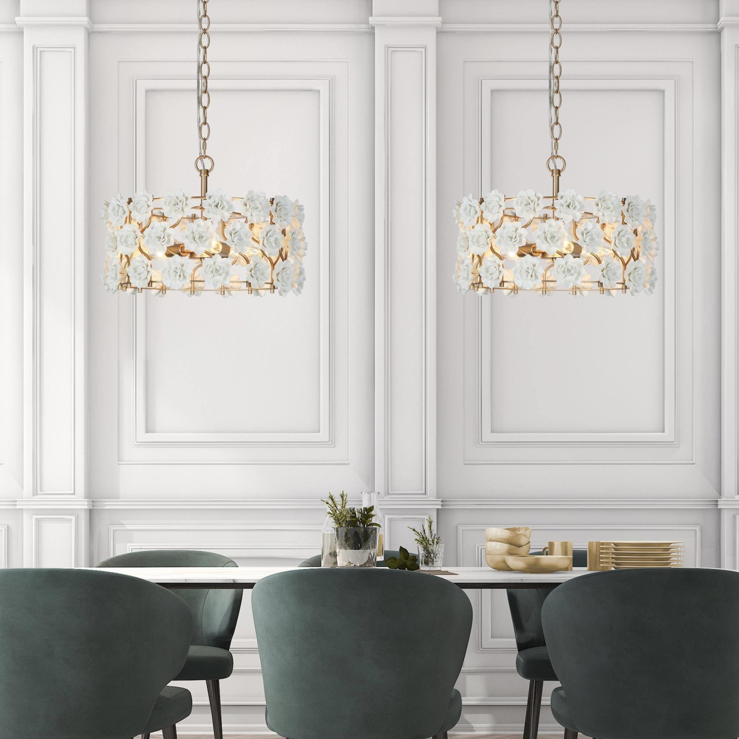 Lustre moderne de tambour, lustre géométrique à 3 lampes et fleurs en céramique blanche