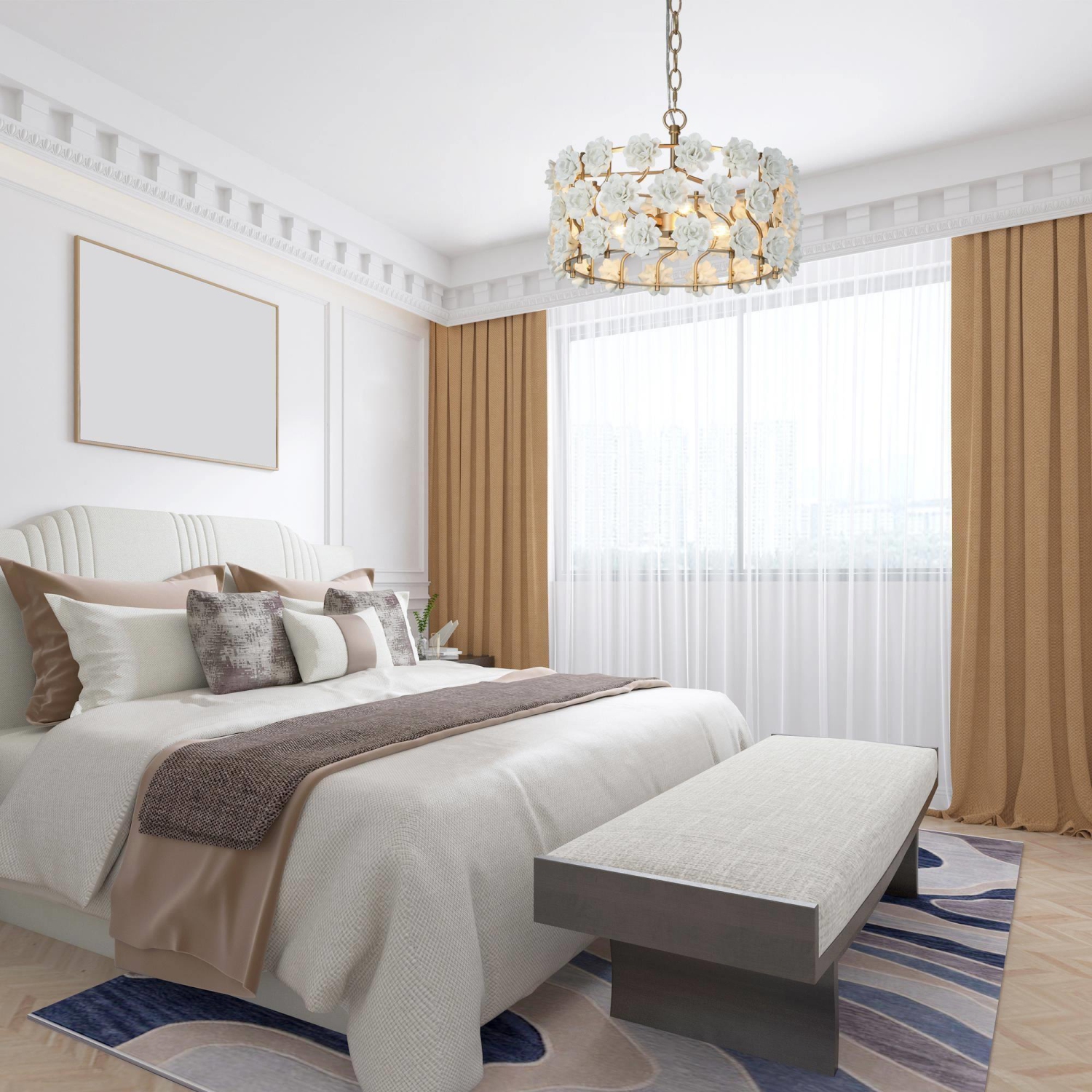 Lustre moderne de tambour, lustre géométrique à 3 lampes et fleurs en céramique blanche