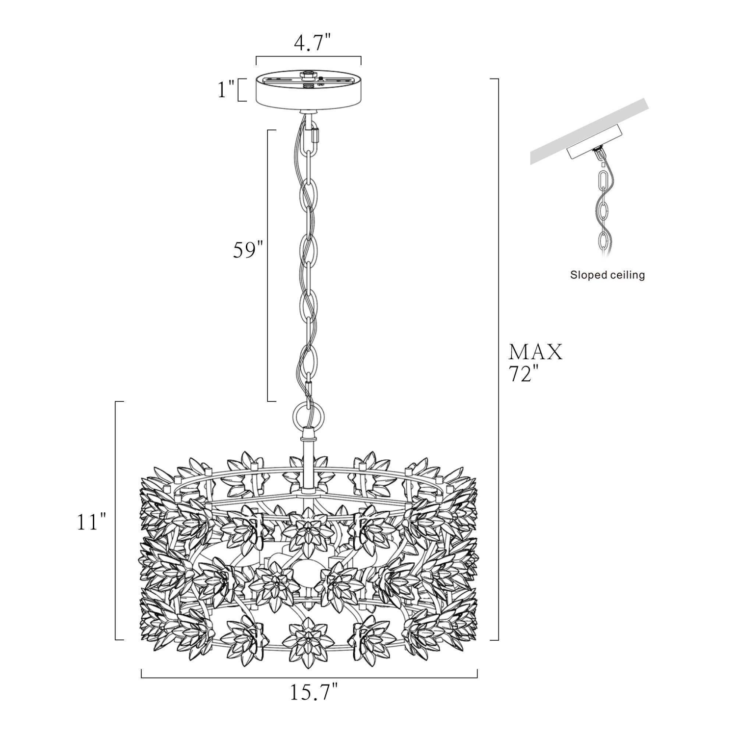 Lustre moderne de tambour, lustre géométrique à 3 lampes et fleurs en céramique blanche