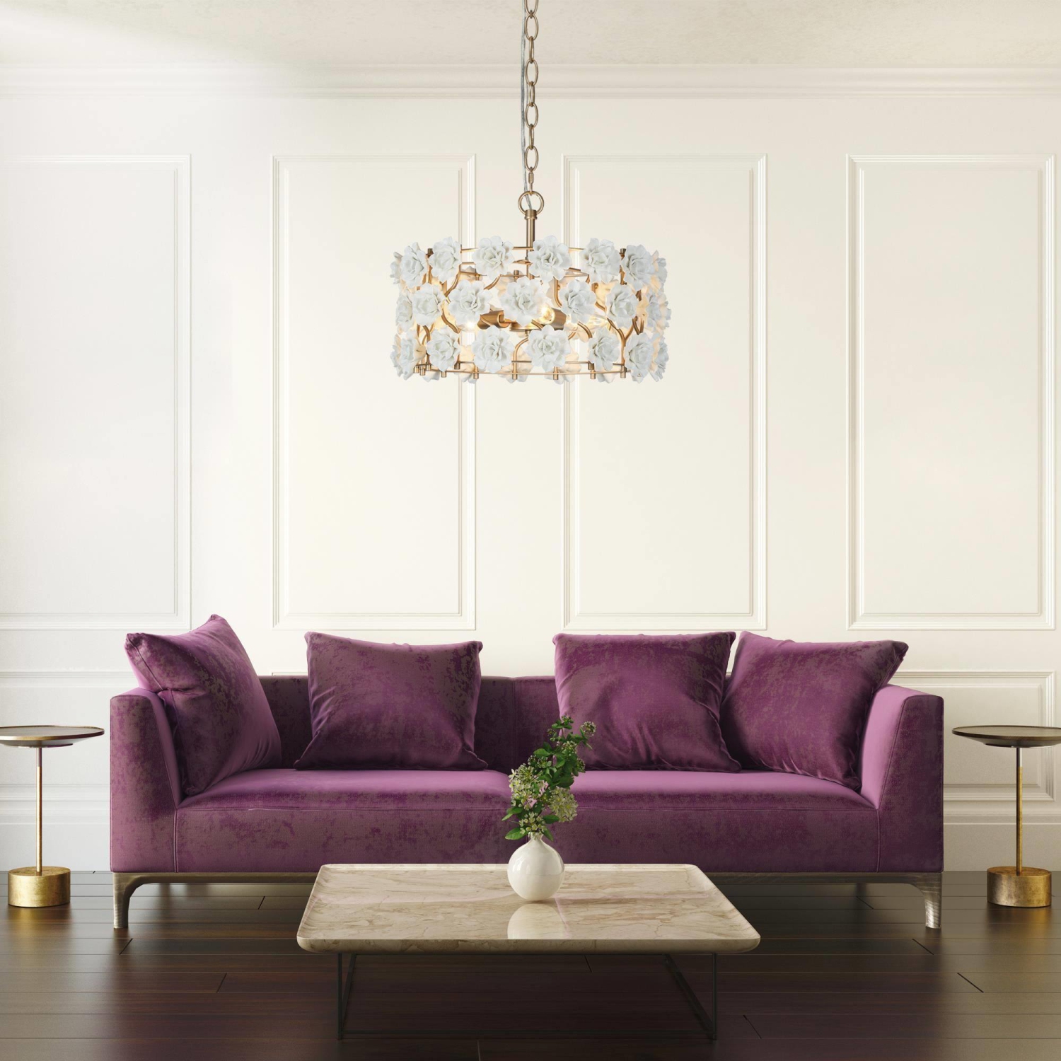 Lustre moderne de tambour, lustre géométrique à 3 lampes et fleurs en céramique blanche