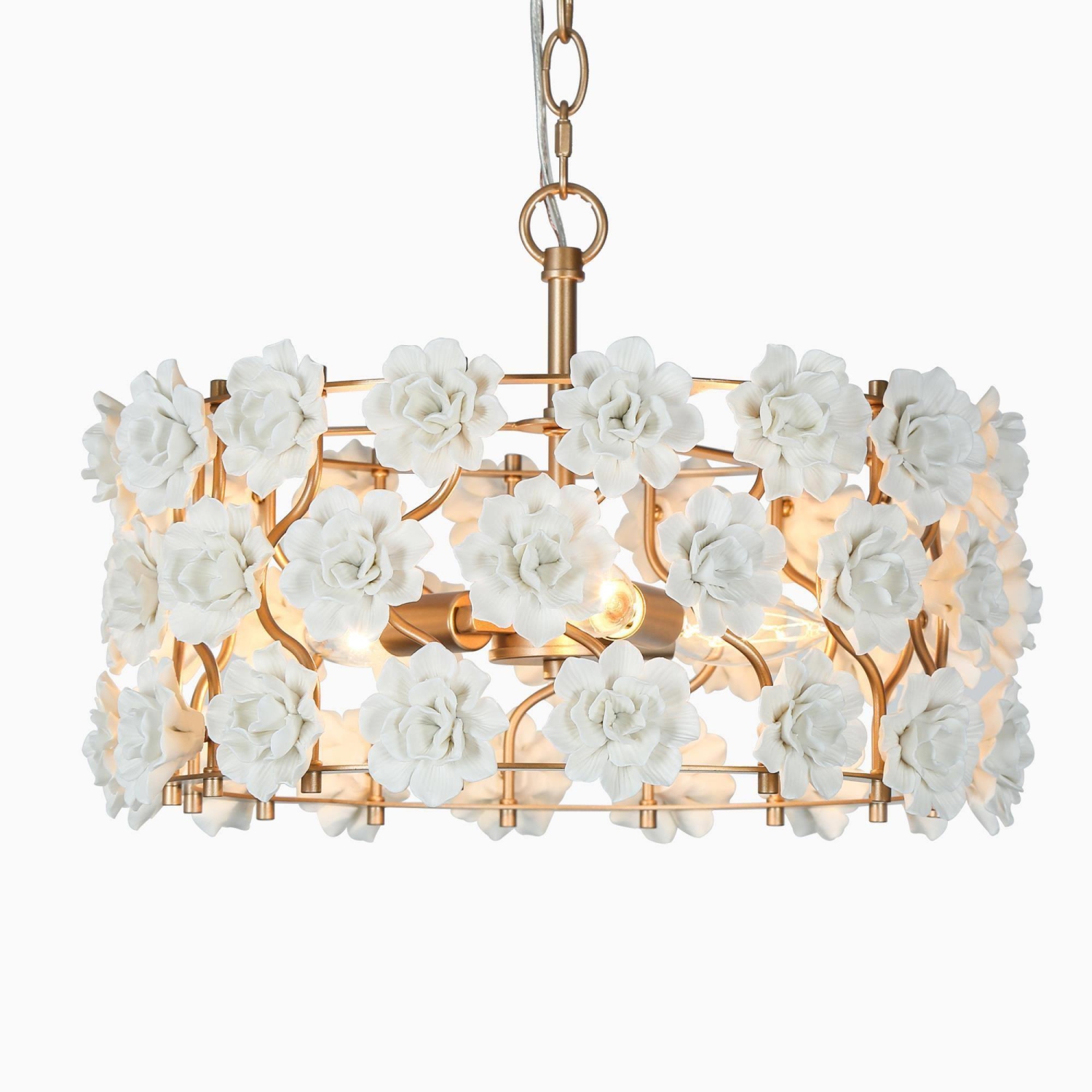 Lustre moderne de tambour, lustre géométrique à 3 lampes et fleurs en céramique blanche