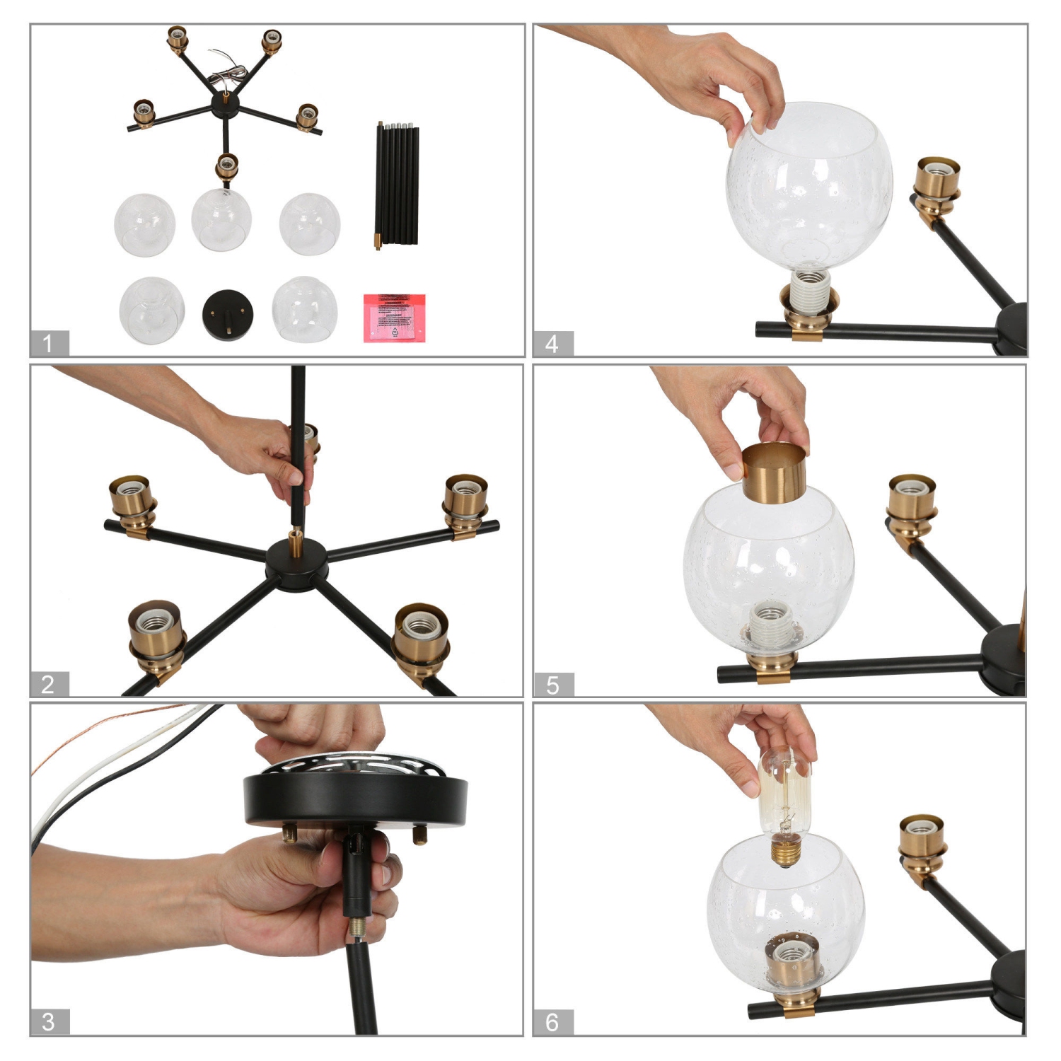 Lustre moderne Sputnik pour salle à manger, lustre noir et laiton à 5 lampes avec abat-jour en verre bosselé