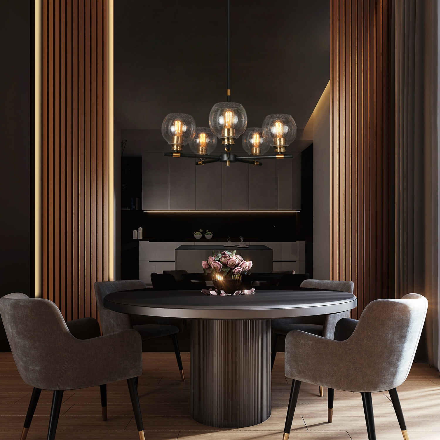 Lustre moderne Sputnik pour salle à manger, lustre noir et laiton à 5 lampes avec abat-jour en verre bosselé