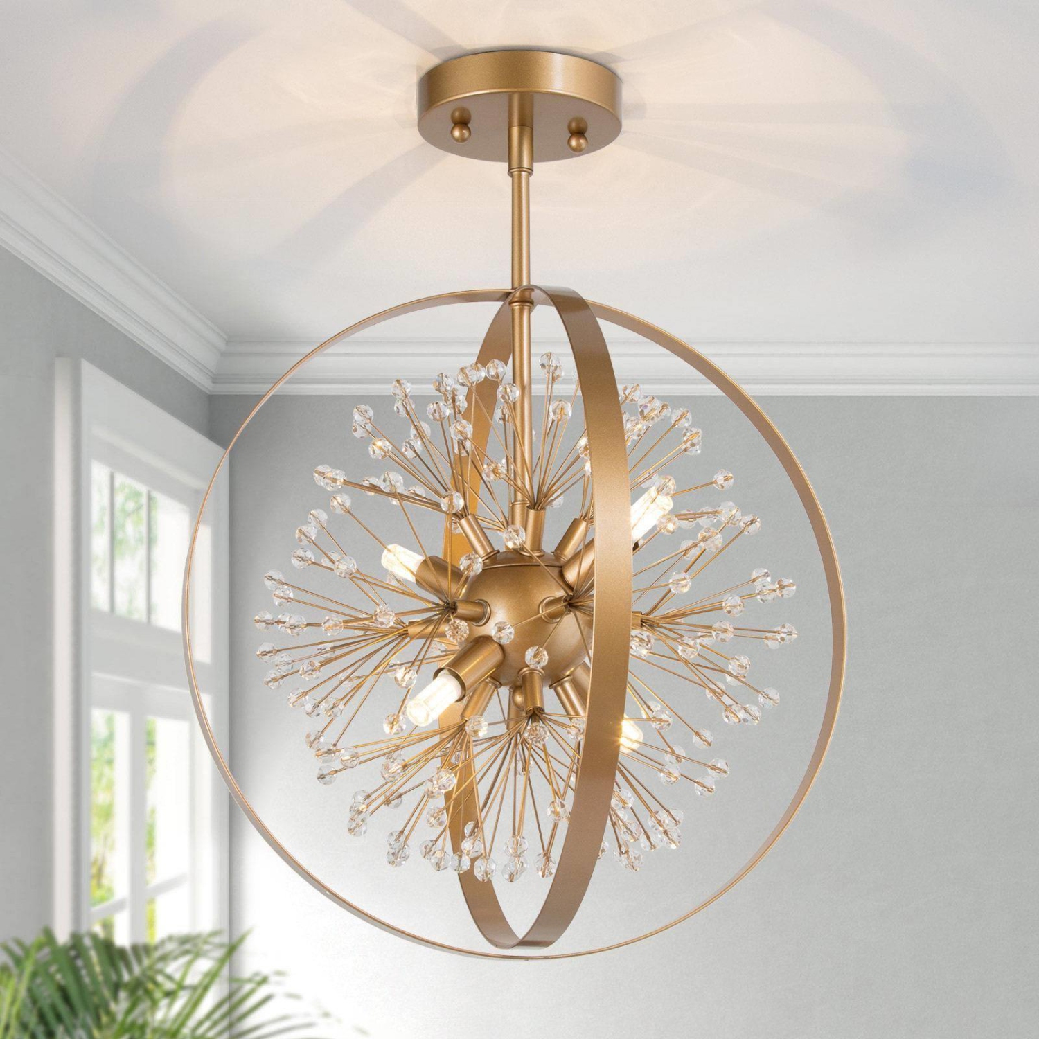 Plafonnier moderne rond pour chambre à coucher, lustre semi-encastré à 3 lampes avec perles de cristal