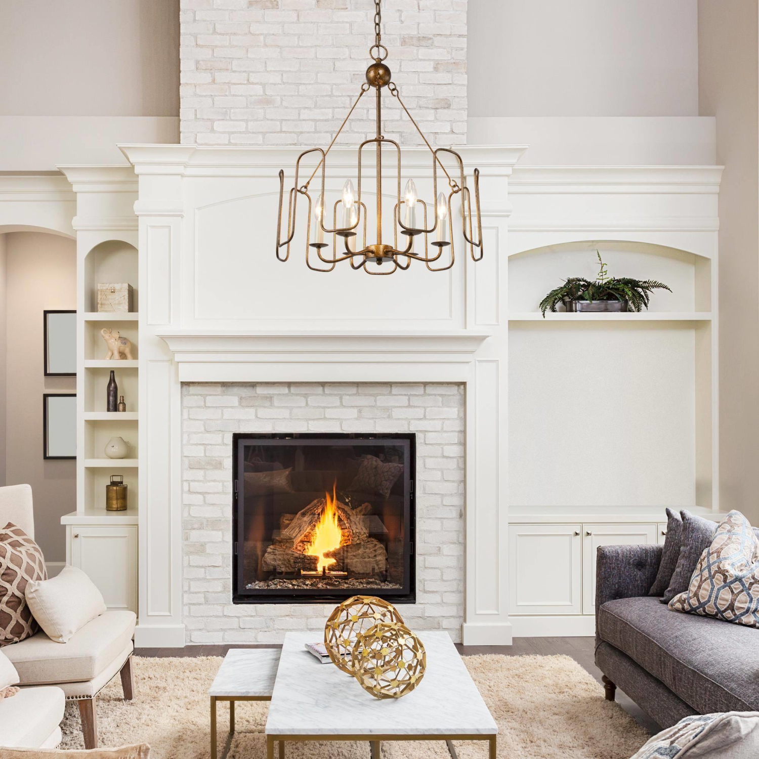 Rustic Dining Room Chandelier, 6-Light Antique Gold Hanging Ceiling Light for Living Room