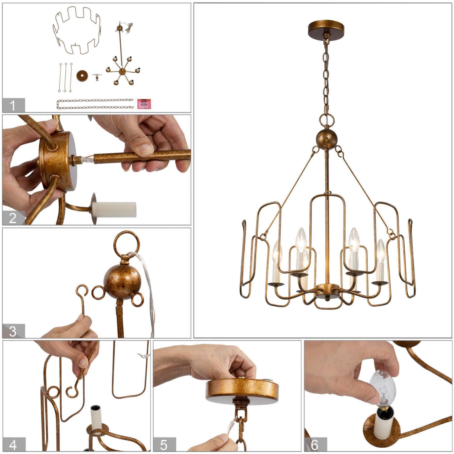 Rustic Dining Room Chandelier, 6-Light Antique Gold Hanging Ceiling Light for Living Room
