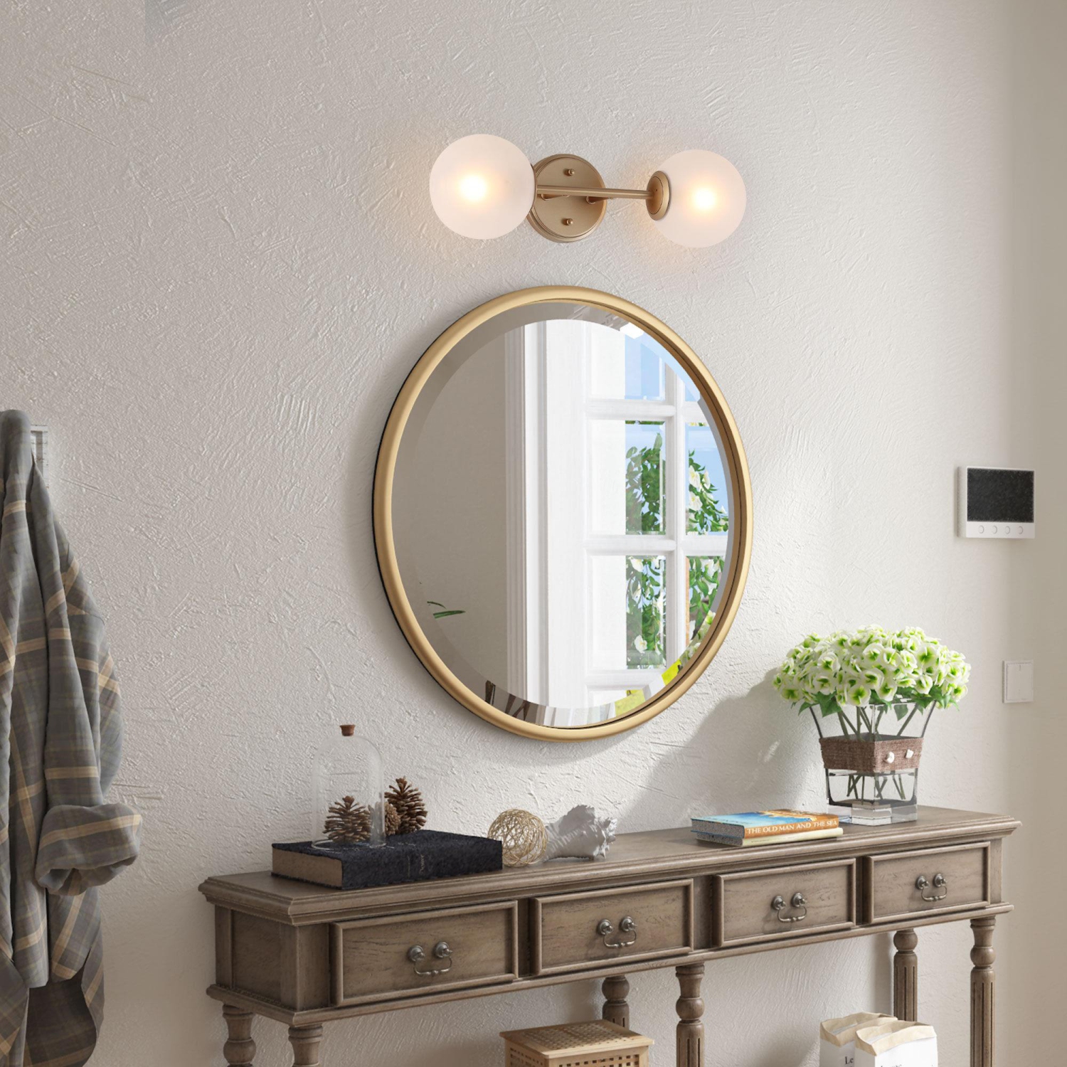 Modern Gold Wall Sconce Light, 2-Light Globe Bathroom Vanity Light Fixture with Frosted Glass Shades