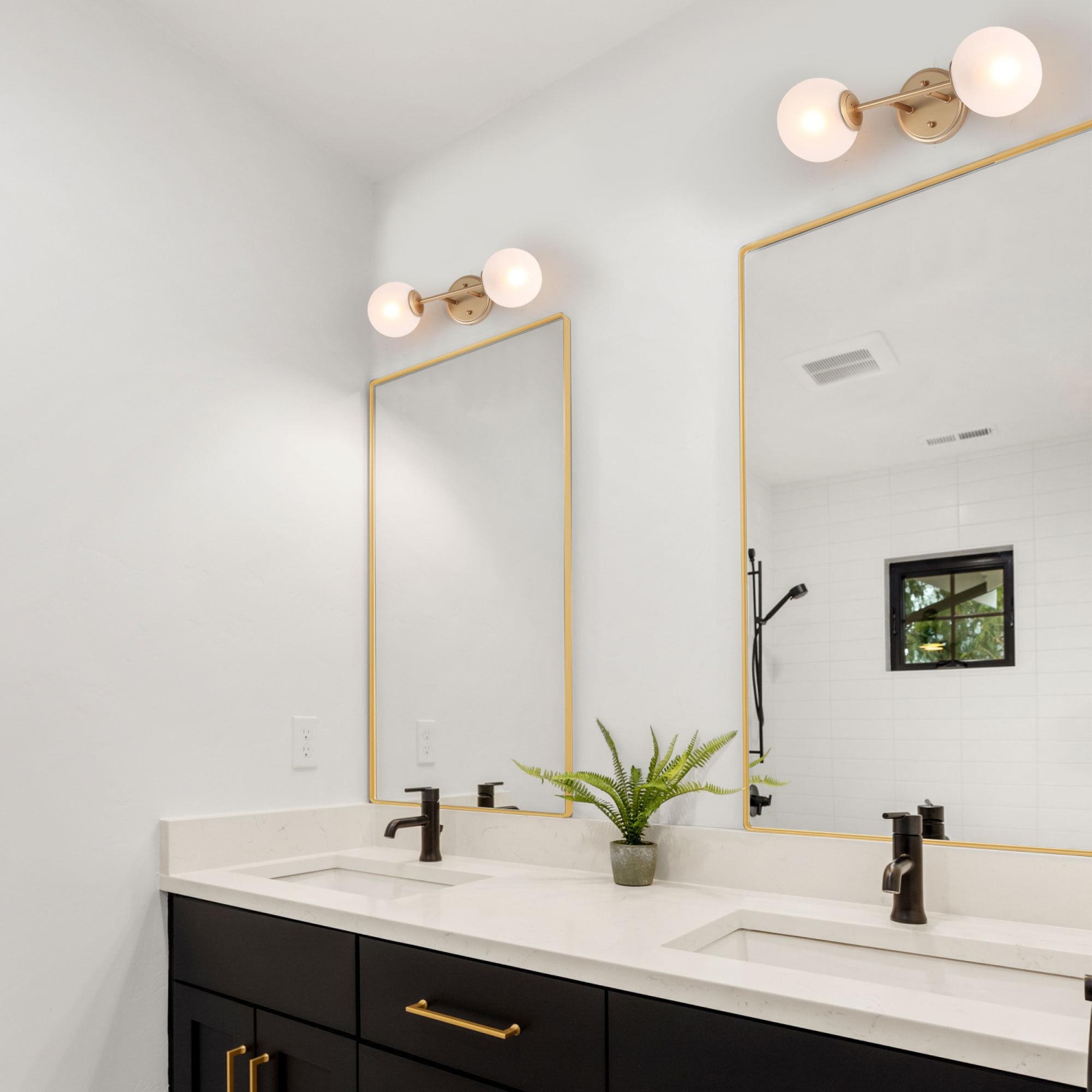 Modern Gold Wall Sconce Light, 2-Light Globe Bathroom Vanity Light Fixture with Frosted Glass Shades