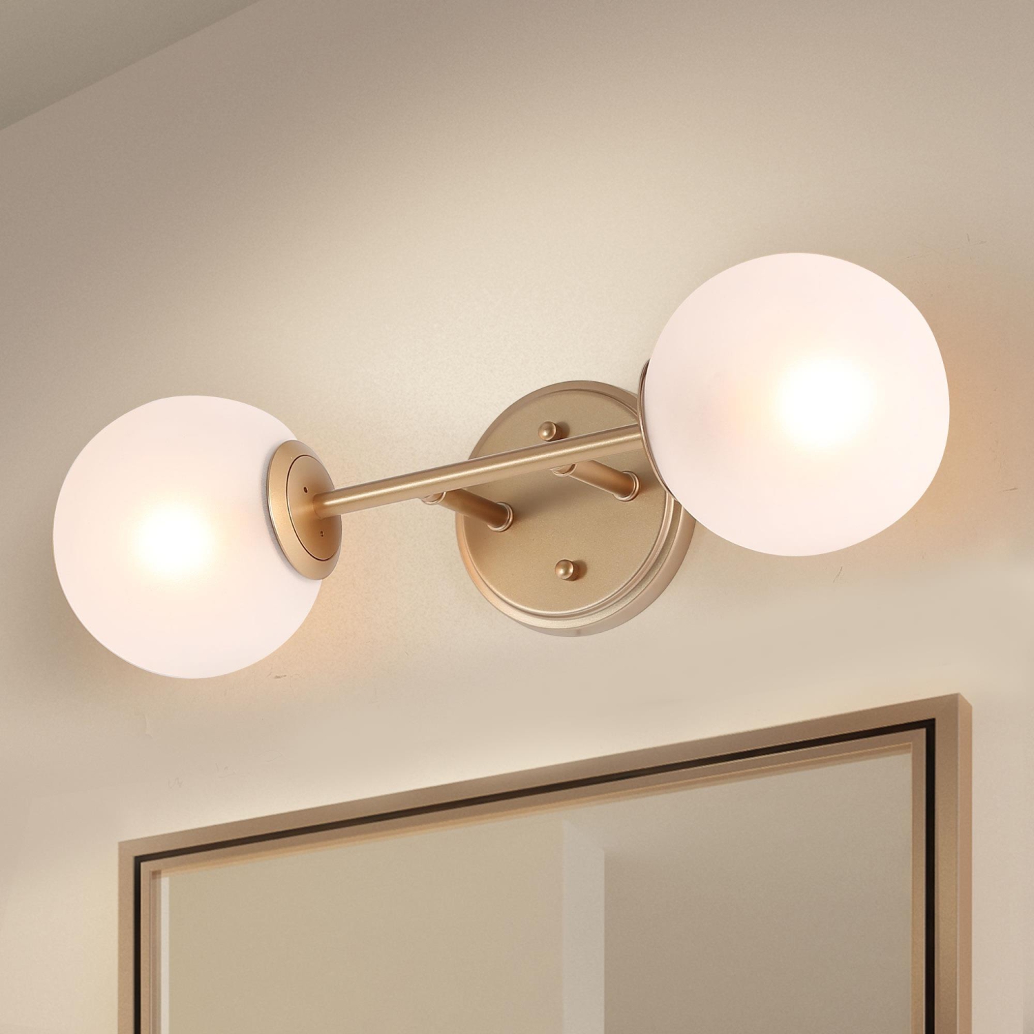 Modern Gold Wall Sconce Light, 2-Light Globe Bathroom Vanity Light Fixture with Frosted Glass Shades
