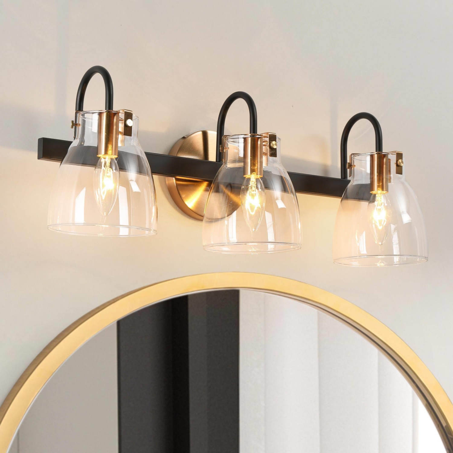Modern Bathroom Vanity Light, 3-Light Gold and Black Wall Sconce with Clear Glass Shades