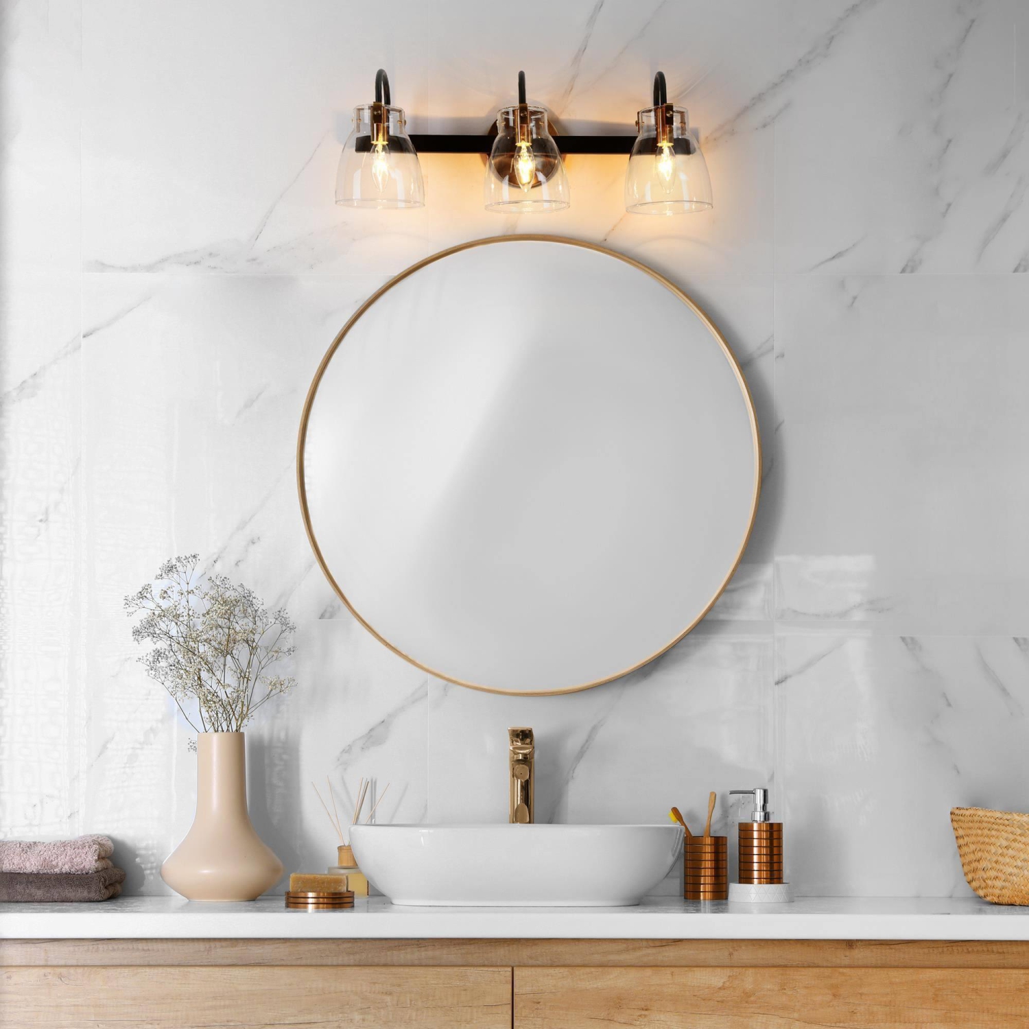 Modern Bathroom Vanity Light, 3-Light Gold and Black Wall Sconce with Clear Glass Shades