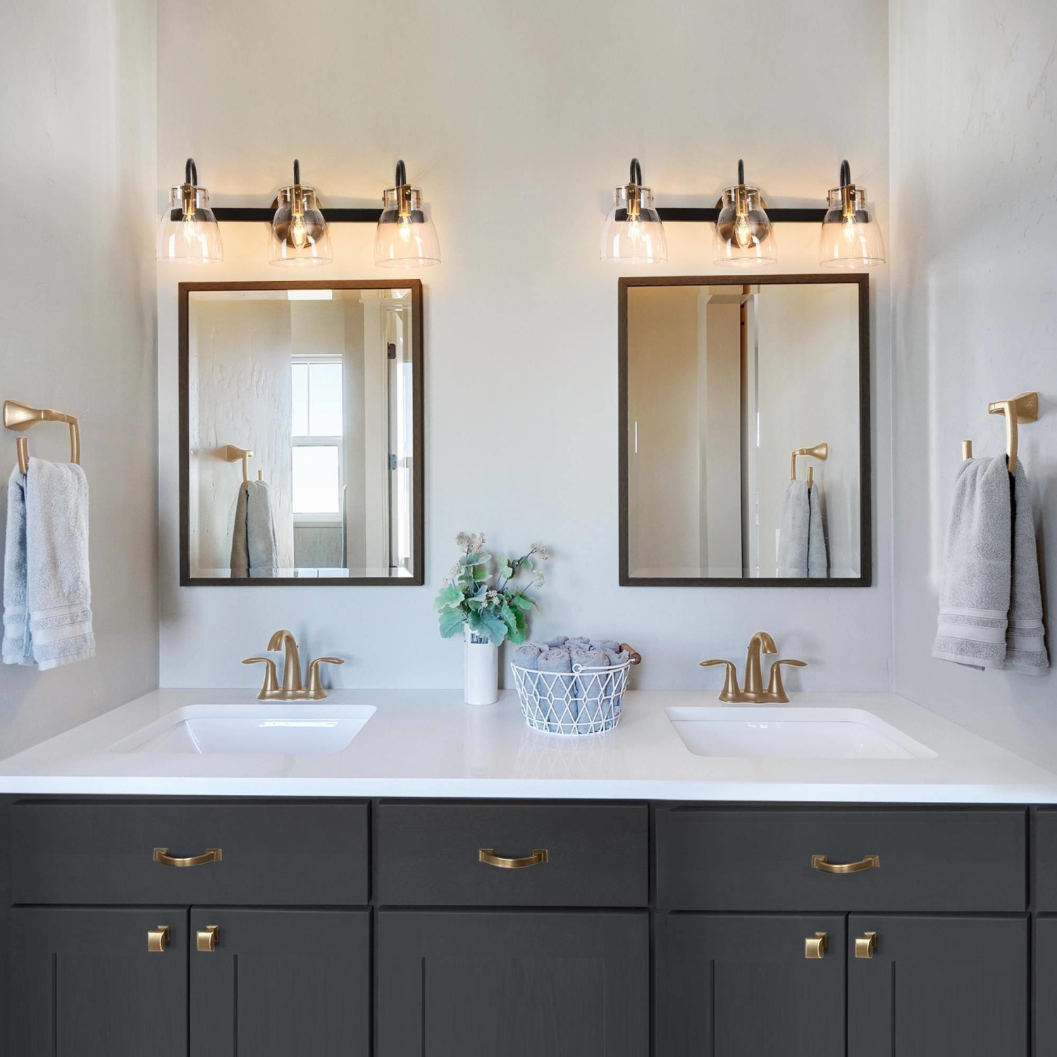 Modern Bathroom Vanity Light, 3-Light Gold and Black Wall Sconce with Clear Glass Shades