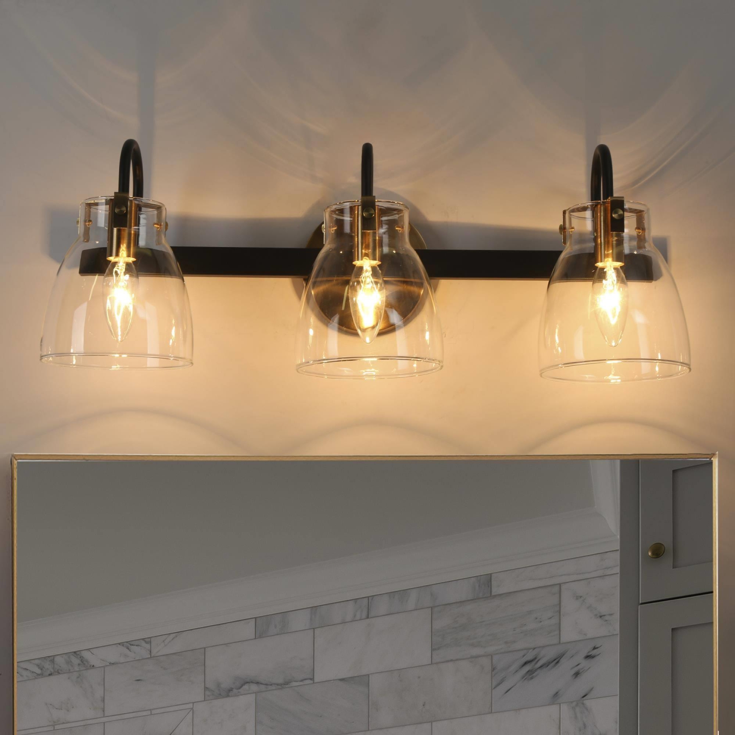 Modern Bathroom Vanity Light, 3-Light Gold and Black Wall Sconce with Clear Glass Shades
