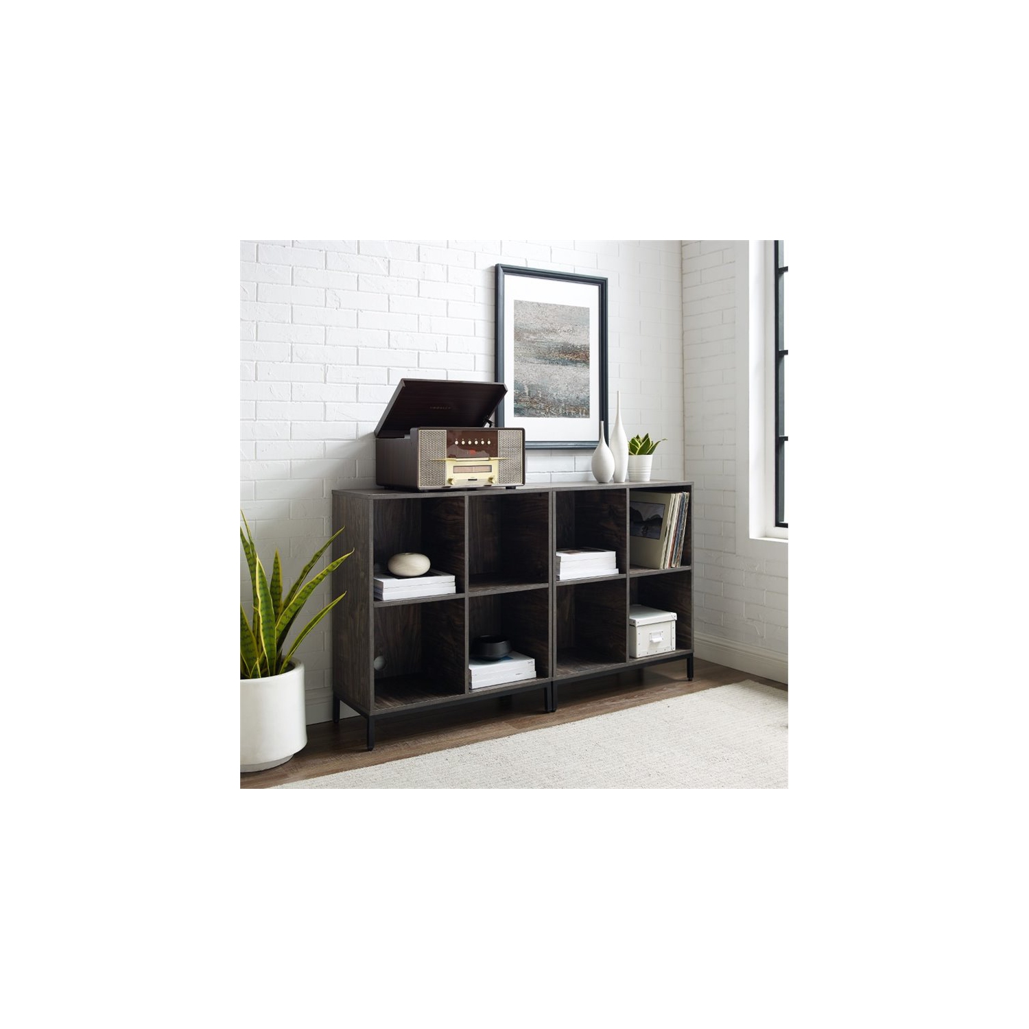 Crosley Jacobsen Industrial Record Storage Cube Bookcase in Brown Ash