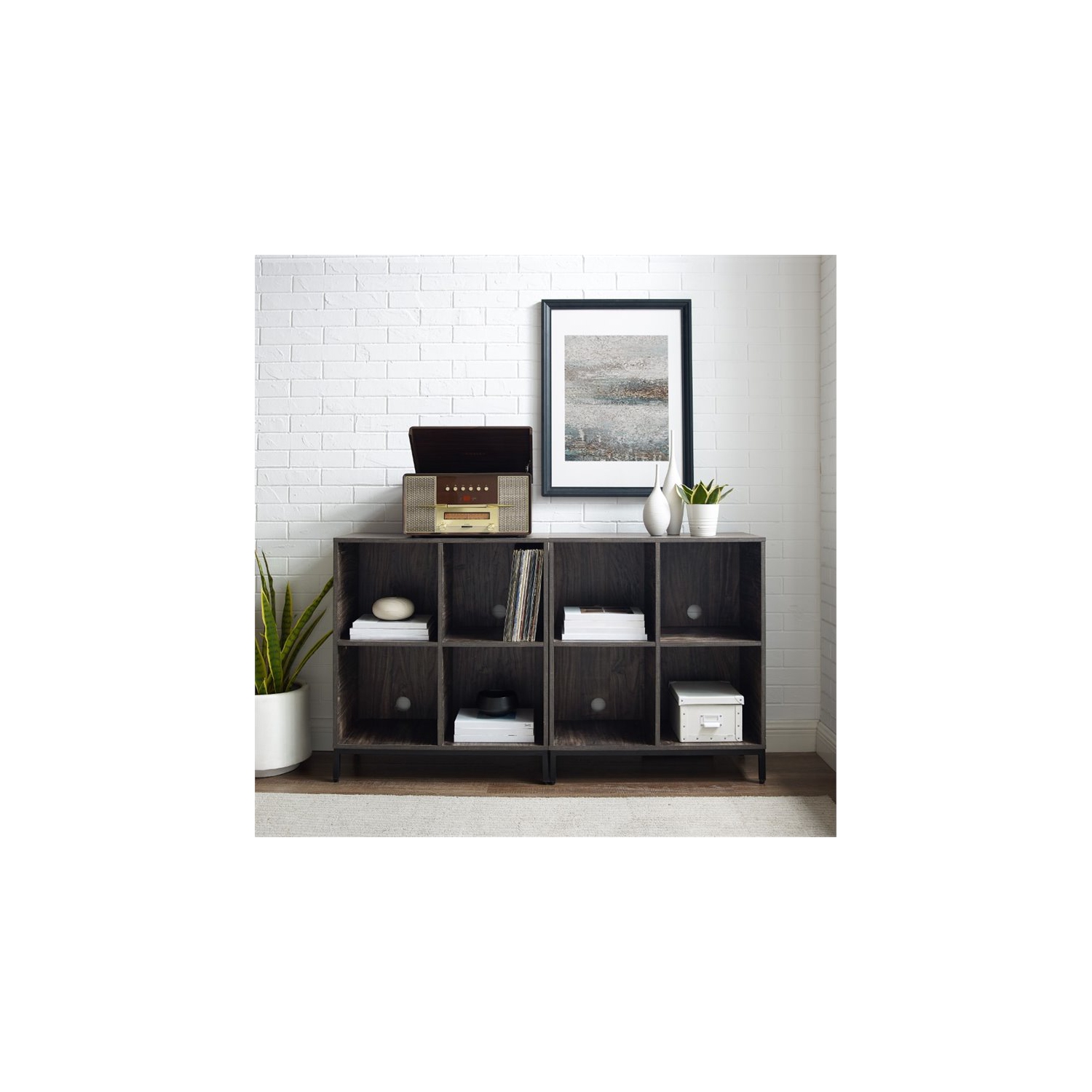 Crosley Jacobsen Industrial Record Storage Cube Bookcase in Brown Ash