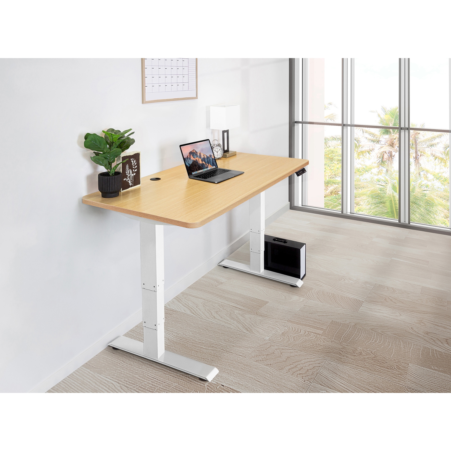 EFFYDESK Business Height Adjustable Home Office Computer Standing Desk with Cable Management Tray (70" × 29") Oak Wood on White Frame