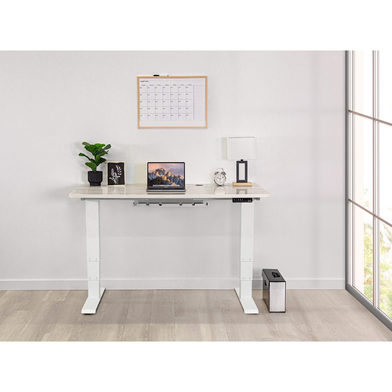 EFFYDESK Business Height Adjustable Home Office Computer Standing Desk with Cable Management Tray Oak White on White Frame
