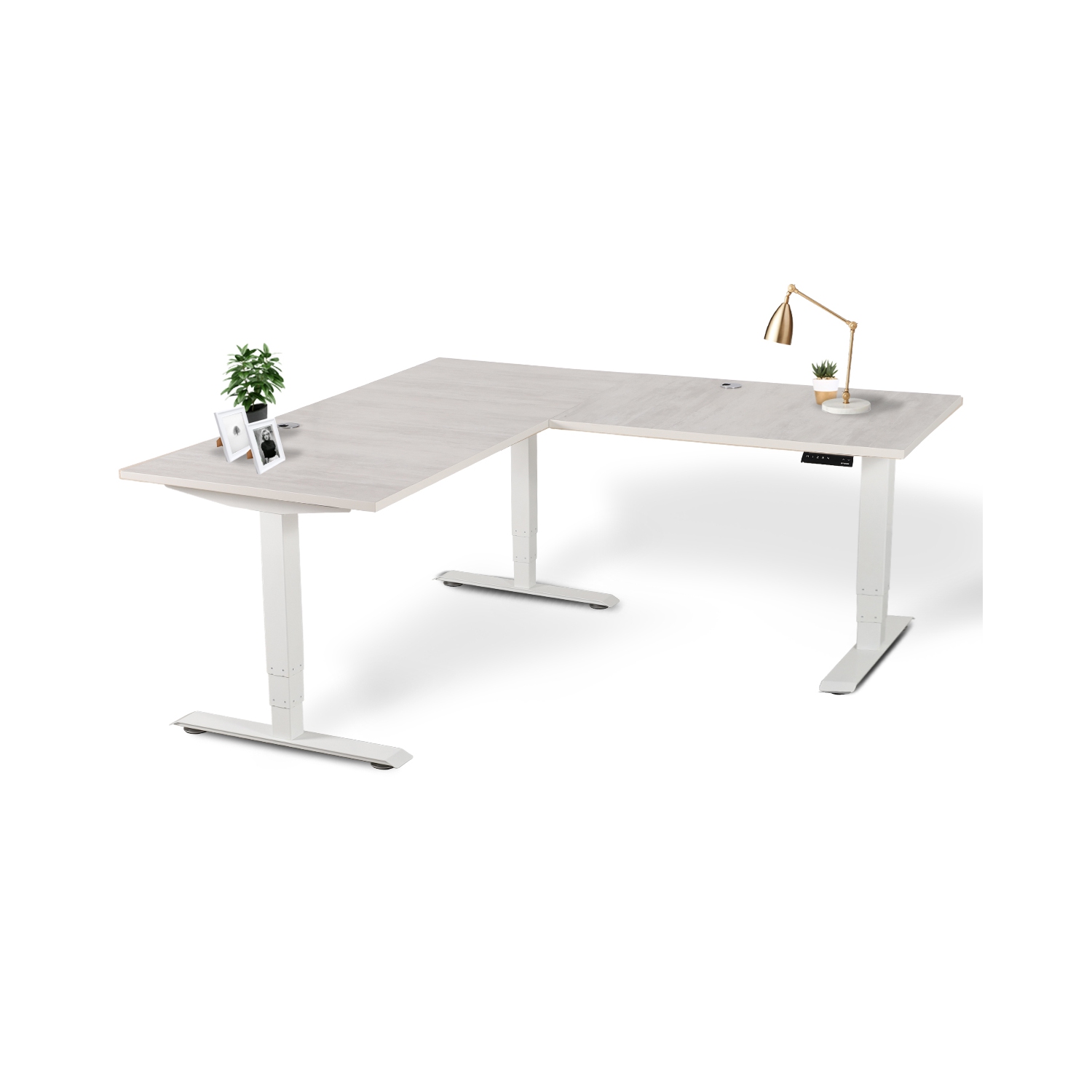 EFFYDESK Executive L-Shaped Height Adjustable Home Office Computer Standing Desk with Cable Management Tray Oak White on White Frame
