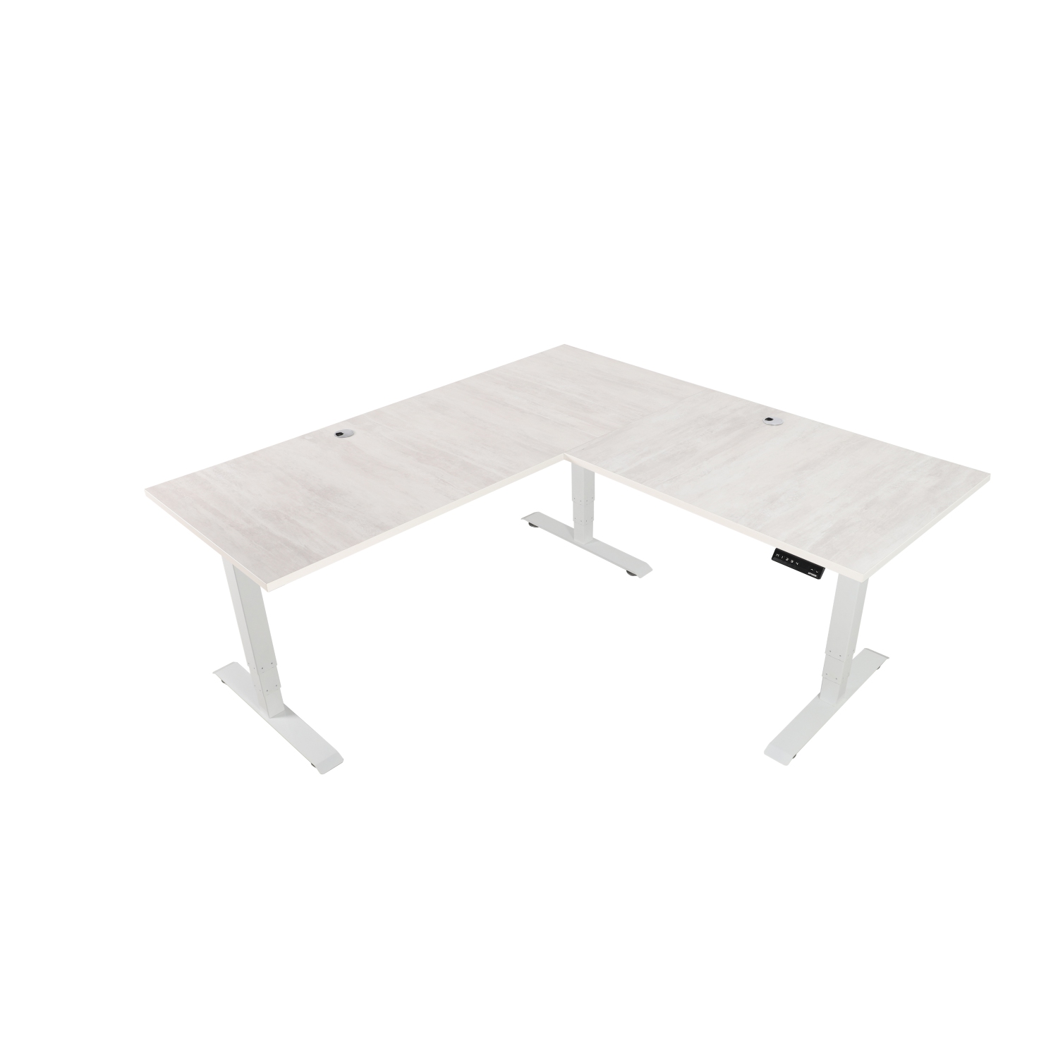 EFFYDESK Executive L-Shaped Height Adjustable Home Office Computer Standing Desk with Cable Management Tray Oak White on White Frame