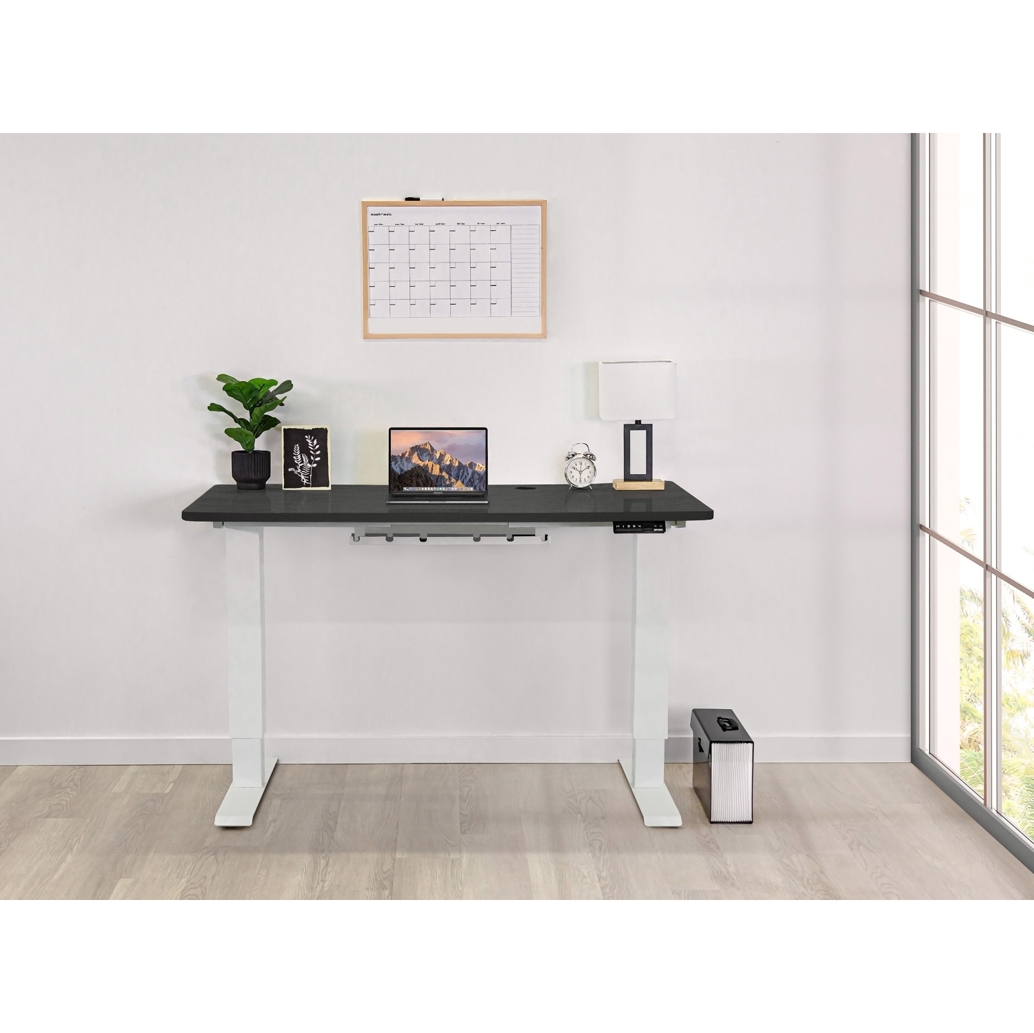 EFFYDESK Home Electric Height Adjustable Home Office Computer Standing Desk - Oak Black on White Frame