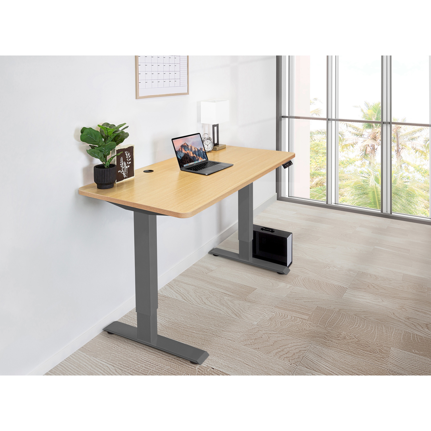 EFFYDESK Home Electric Height Adjustable Home Office Computer Standing Desk - Oak Wood on Gray Frame