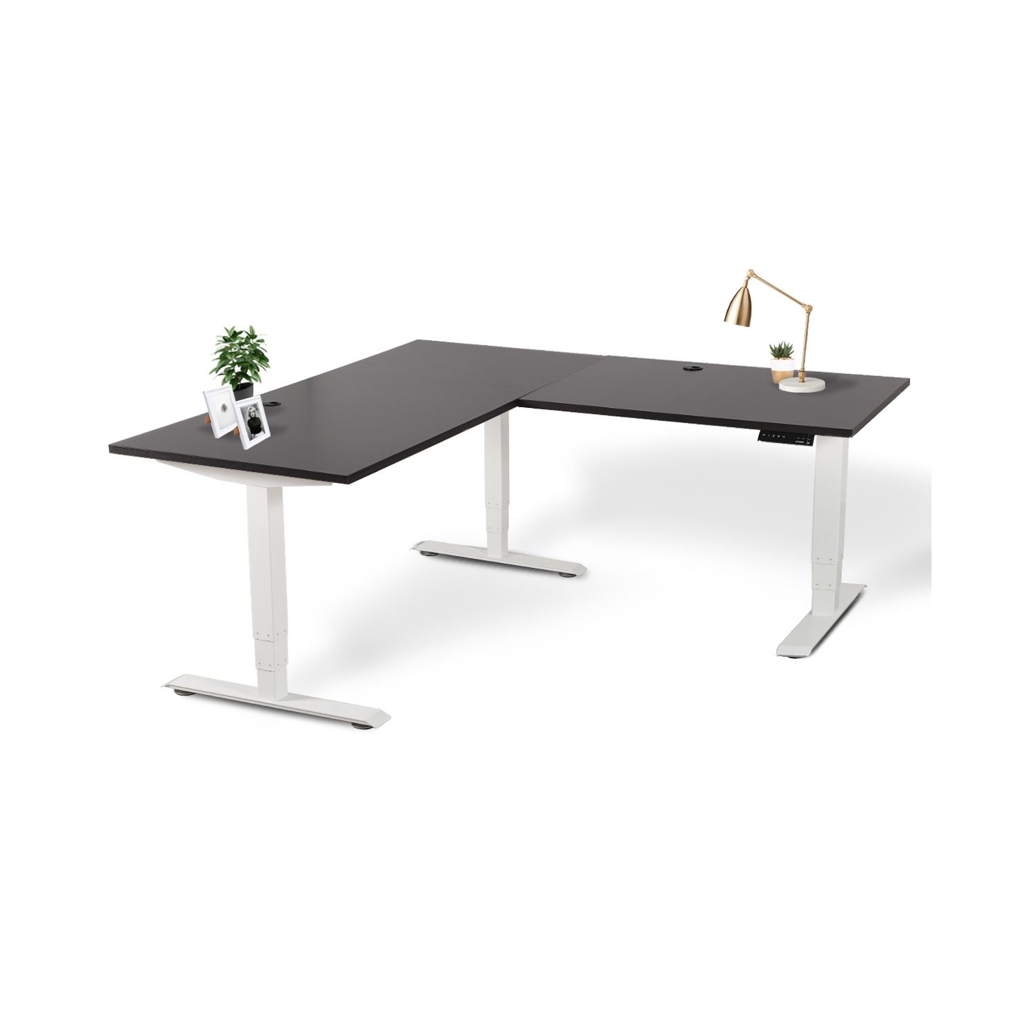 EFFYDESK Executive L-Shaped Height Adjustable Home Office Computer Standing Desk with Cable Management Tray Oak Black on White Frame