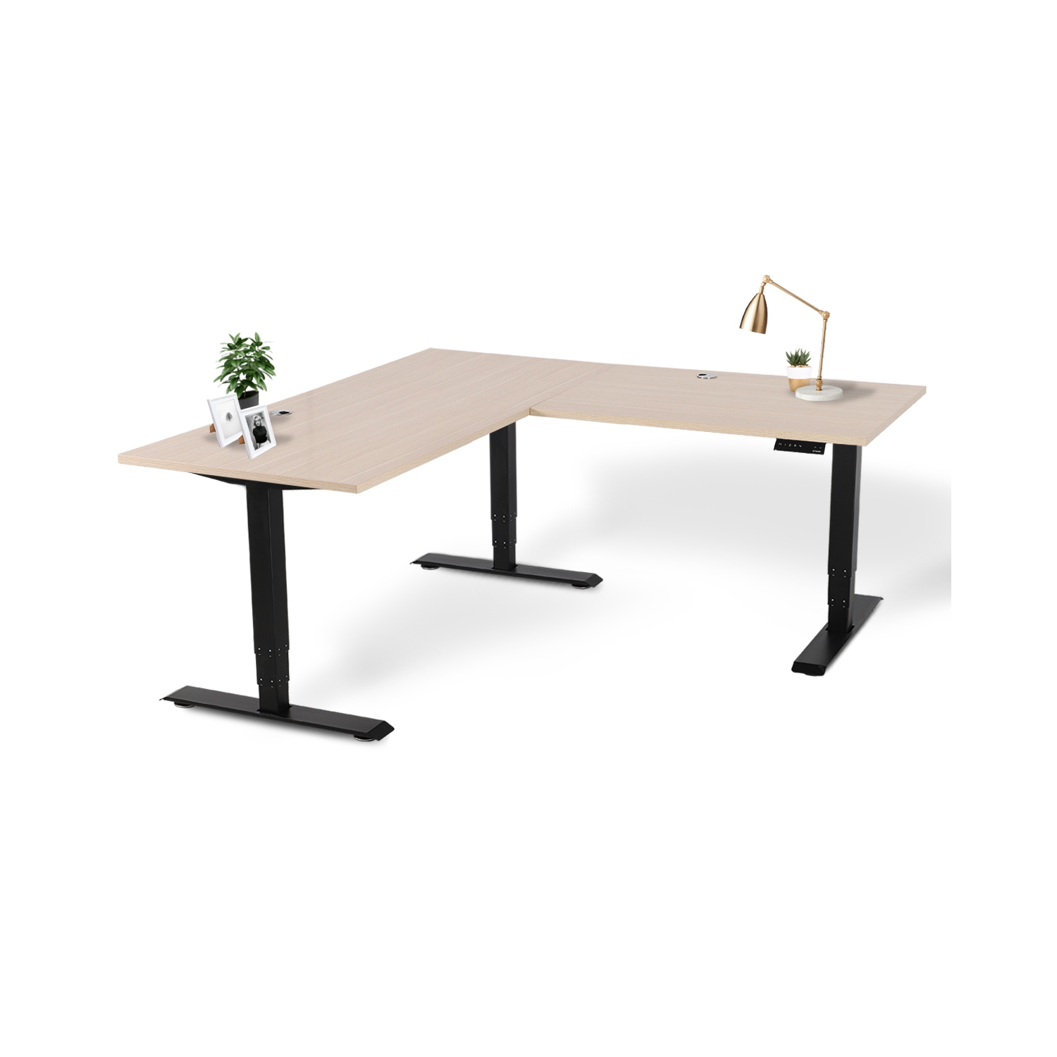 EFFYDESK Executive L-Shaped Height Adjustable Home Office Computer Standing Desk with Cable Management Tray Oak Wood on Black Frame