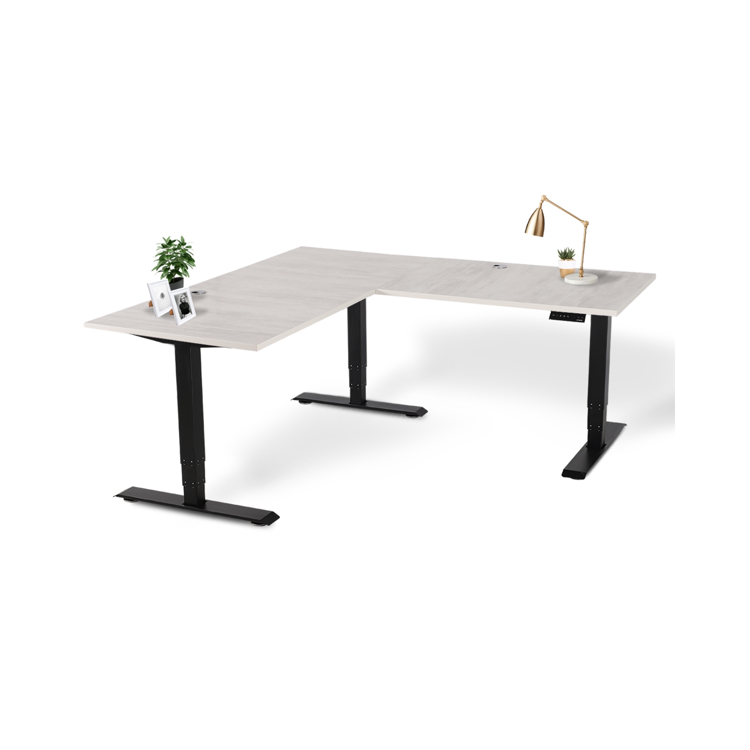 Bureau d’ordinateur à hauteur réglable en L avec plateau d’organisation des câbles chêne blanc sur cadre noir EFFYYDEK Executive