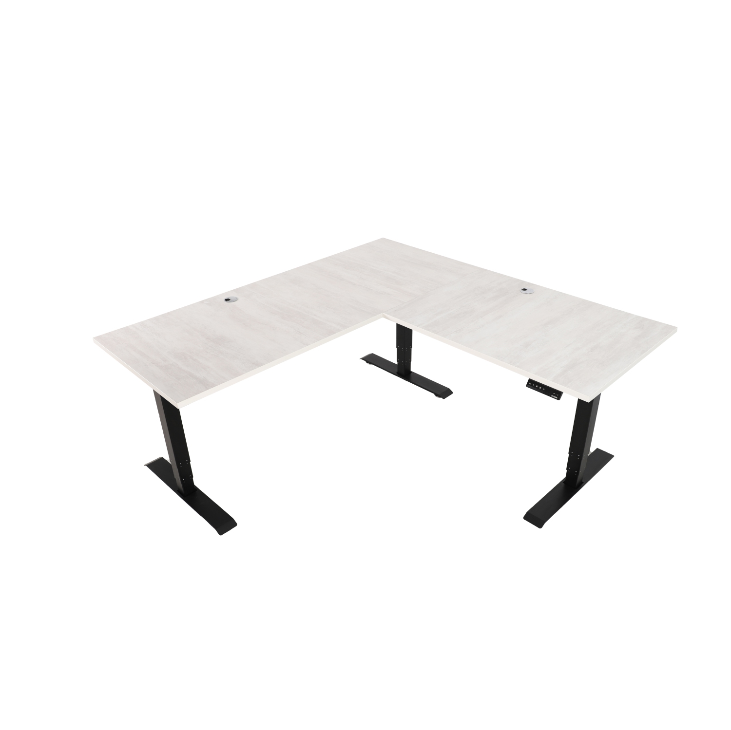 Bureau d’ordinateur à hauteur réglable en L avec plateau d’organisation des câbles chêne blanc sur cadre noir EFFYYDEK Executive