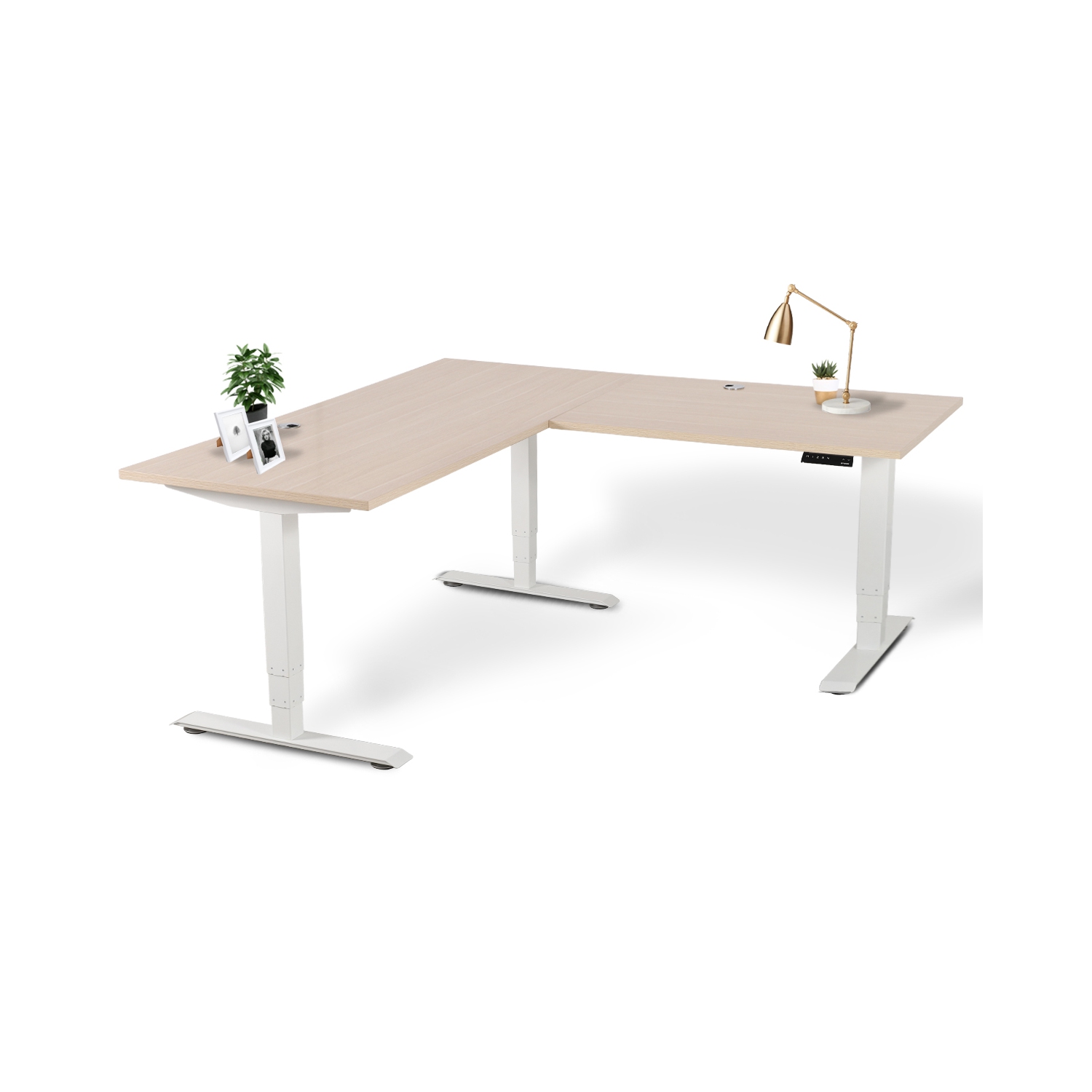 EFFYDESK Executive L-Shaped Height Adjustable Home Office Computer Standing Desk with Cable Management Tray Oak Wood on White Frame