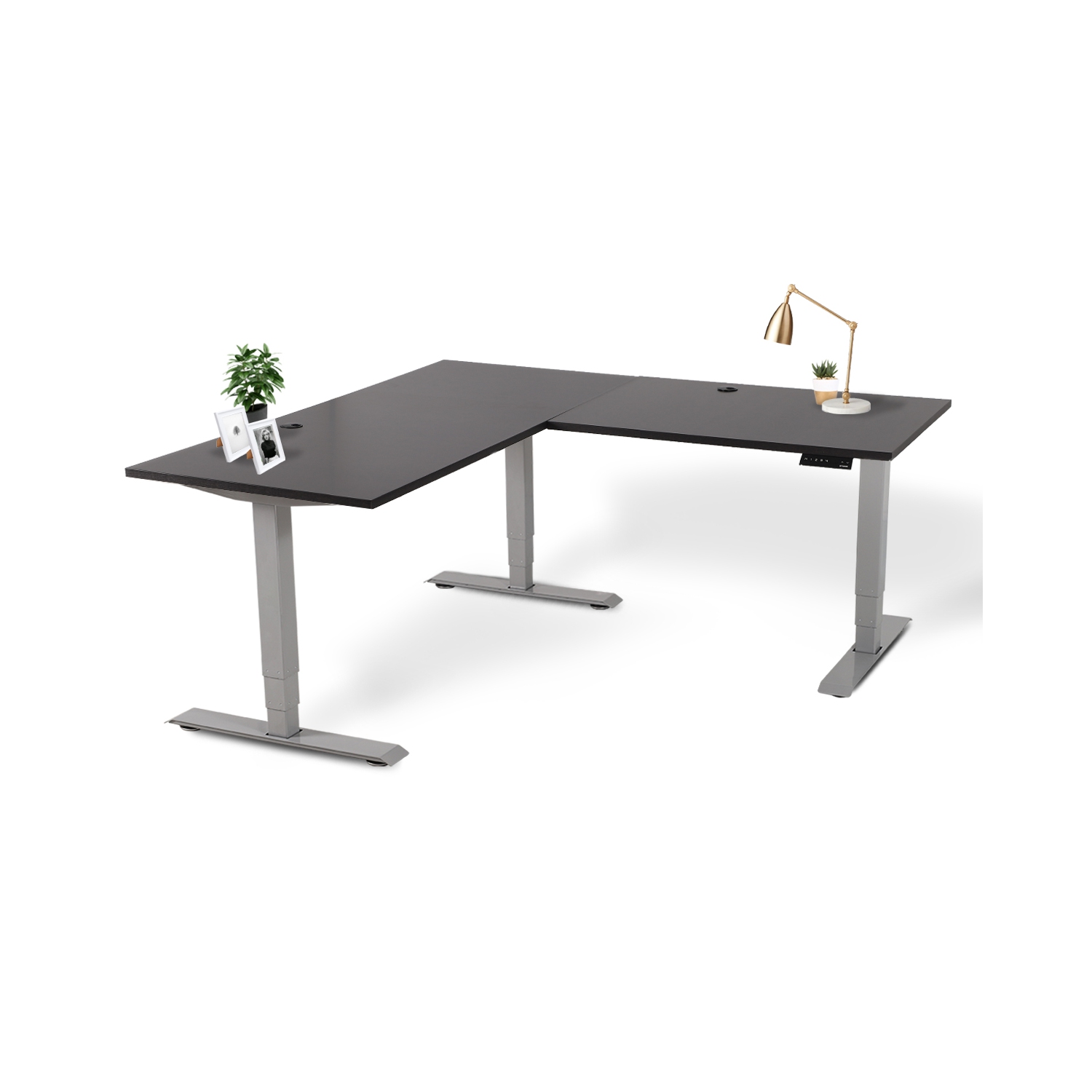 EFFYDESK Executive L-Shaped Height Adjustable Home Office Computer Standing Desk with Cable Management Tray Oak Black on Grey Frame