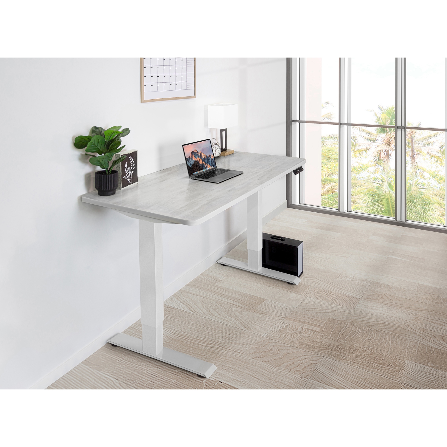 EFFYDESK Home Electric Height Adjustable Home Office Computer Standing Desk - Oak White on White Frame
