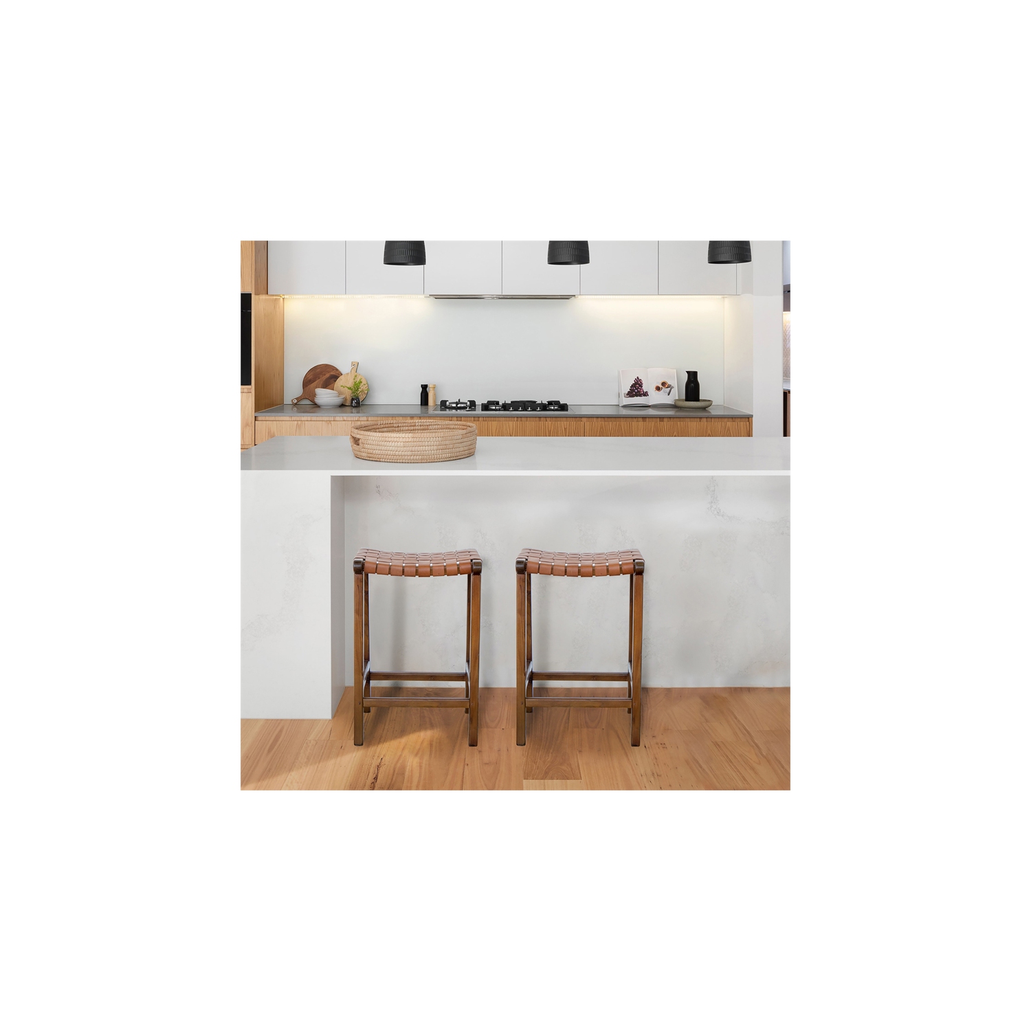 Rayong Mid-Century Modern Saddle Genuine Leather Counter Stool in Tan