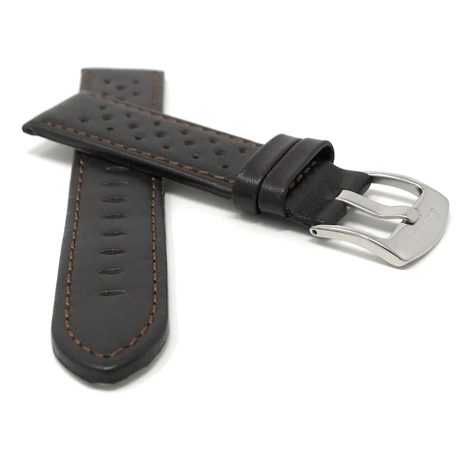 Bandini Bracelet de montre intelligente en cuir perforé pour hommes, style rallye pour Fossil Hybird HR Latitude - 24mm, Brun / Boucle Argentée