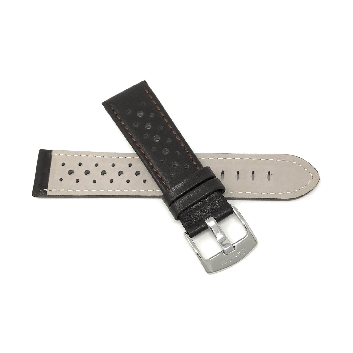 Bandini Bracelet de montre intelligente en cuir perforé pour hommes, style rallye pour Fossil Hybird HR Latitude - 24mm, Brun / Boucle Argentée