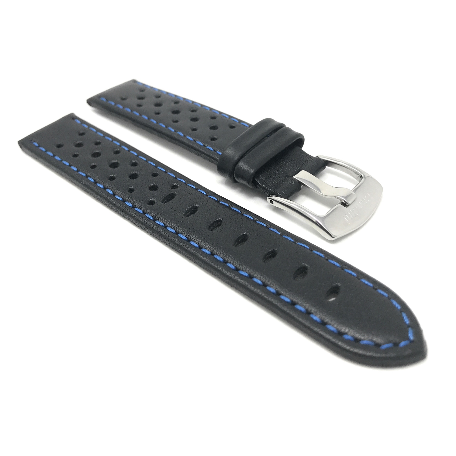 Bandini Mens Perforated Leather Rally Strap Smart Watch Band Strap For Moto360 Gen 2 and Gen 3 - 20mm, Black / Blue / Silver Buckle