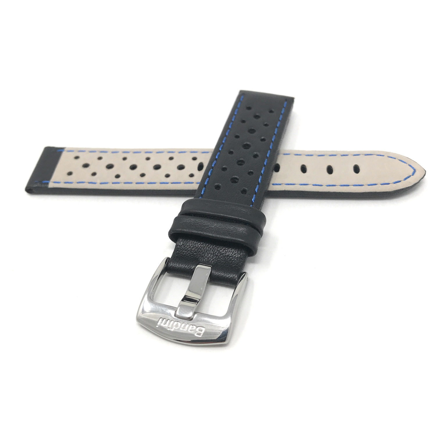Bandini Mens Perforated Leather Rally Strap Smart Watch Band Strap For Moto360 Gen 2 and Gen 3 - 20mm, Black / Blue / Silver Buckle