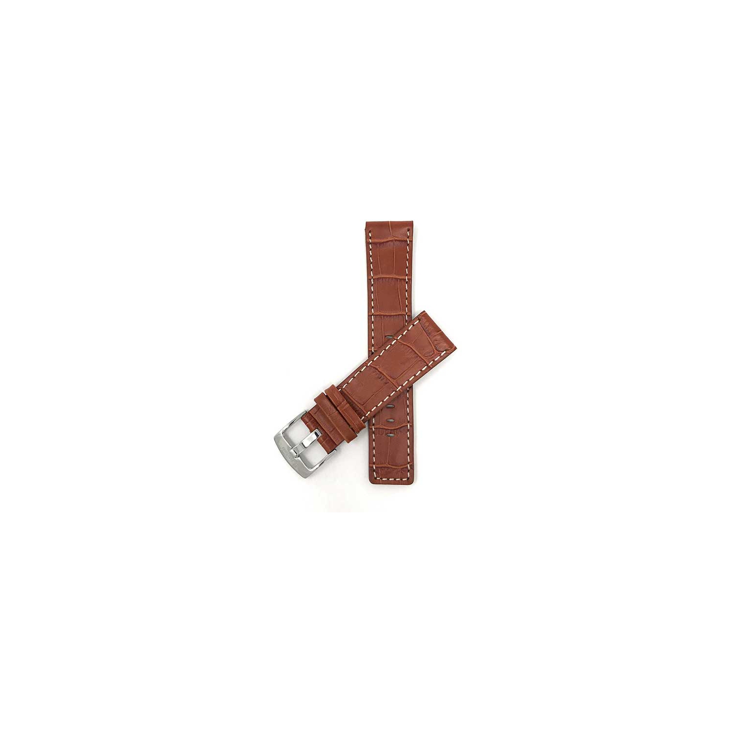 Bandini Square Tip Croco Style Leather Smart Watch Band Strap, White Stitch For Mobvoi Ticwatch E2, S2, Pro, Pro 3 - 22mm, Tan / Silver Buckle