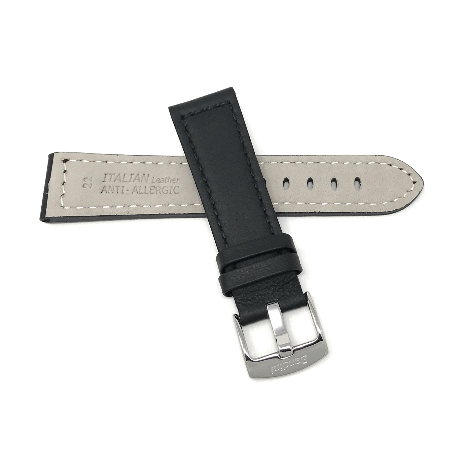 Bandini Bracelet pour montre intelligente en cuir épais pour hommes pour Garmin pourerunner, Vivoactive 4 - 22mm, Noir / Boucle Argentée