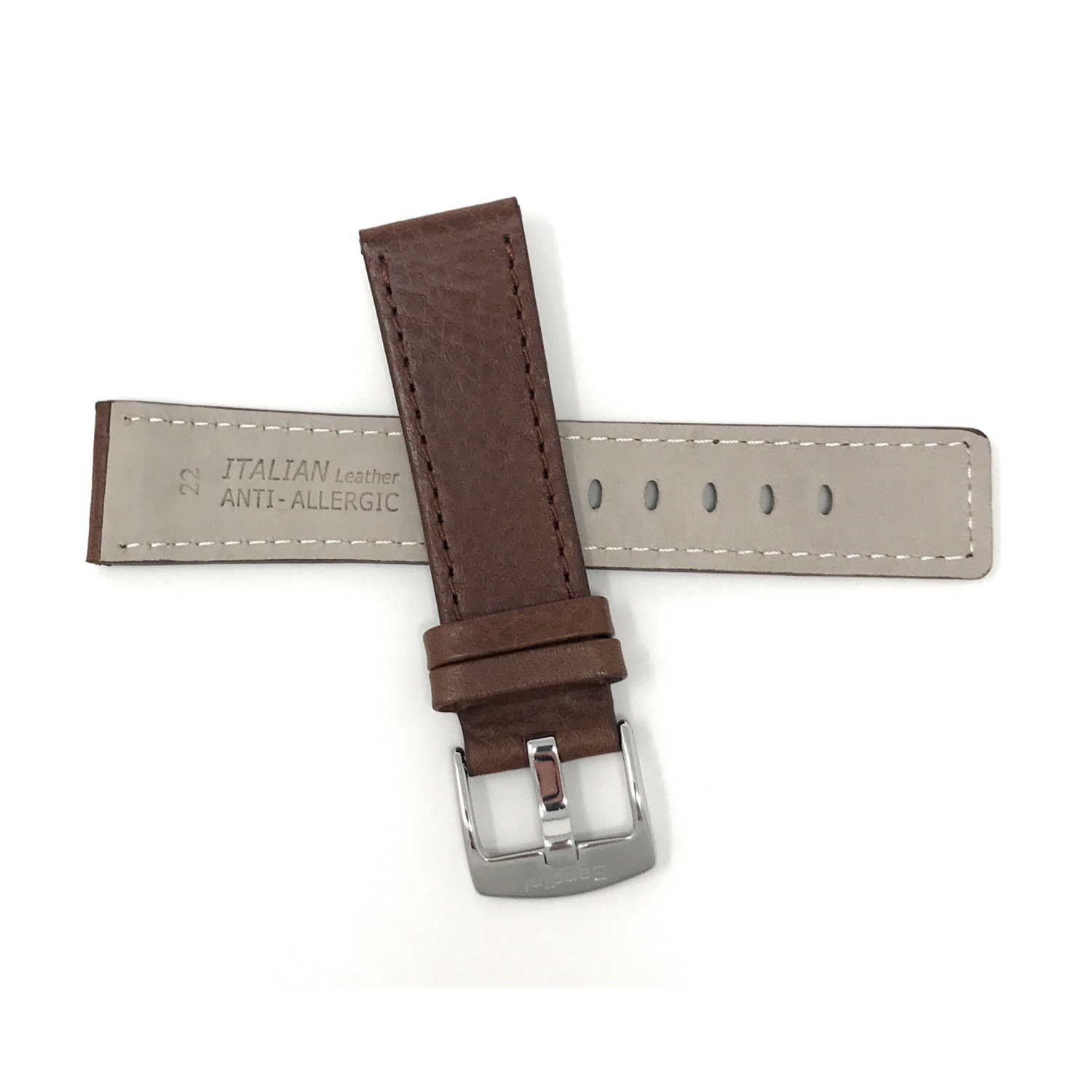 Bandini Bracelet pour montre intelligente en cuir à bout carré pour Garmin pourerunner, Vivoactive 4 - 22mm, Brun / Boucle Argentée