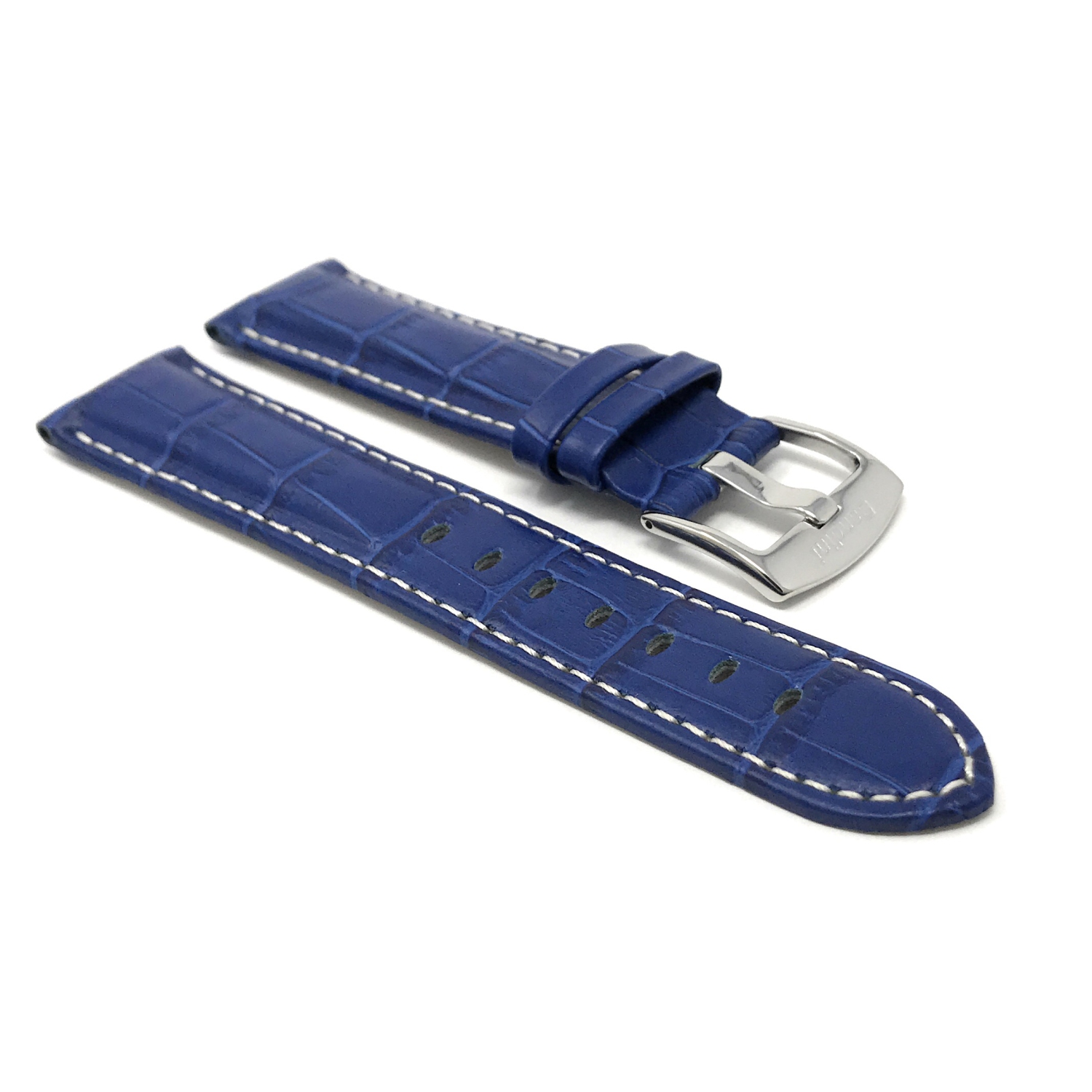 Bandini Bracelet de montre intelligente en cuir pour hommes, motif alligator avec couture pour Fossil Hybird HR Latitude - 24mm, Bleu / Boucle