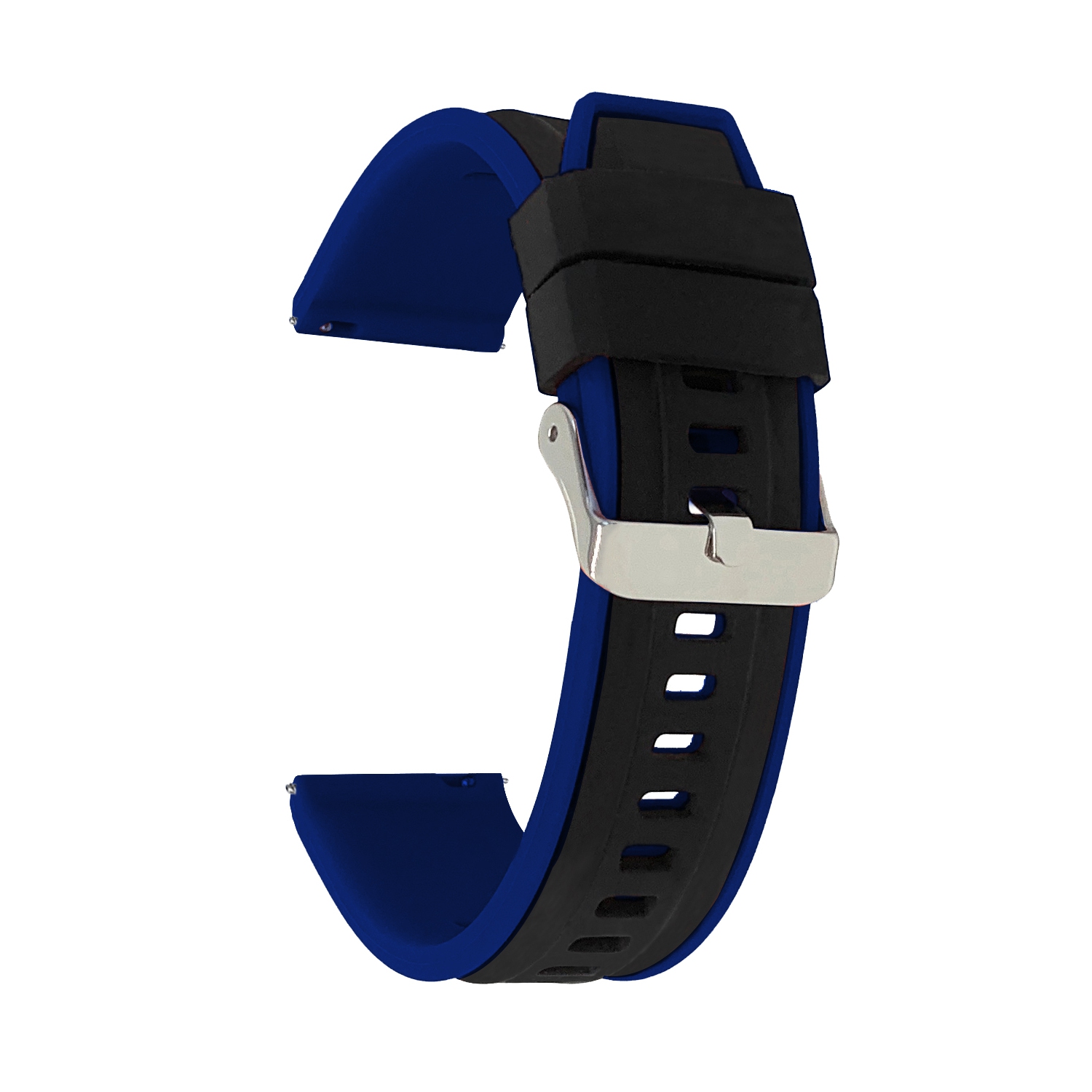 Bandini Quick Release Two-Tone Rubber Silicone Smart Watch Strap For Mobvoi Ticwatch E, E3, C2 - 20mm, Black / Blue / Silver Buckle