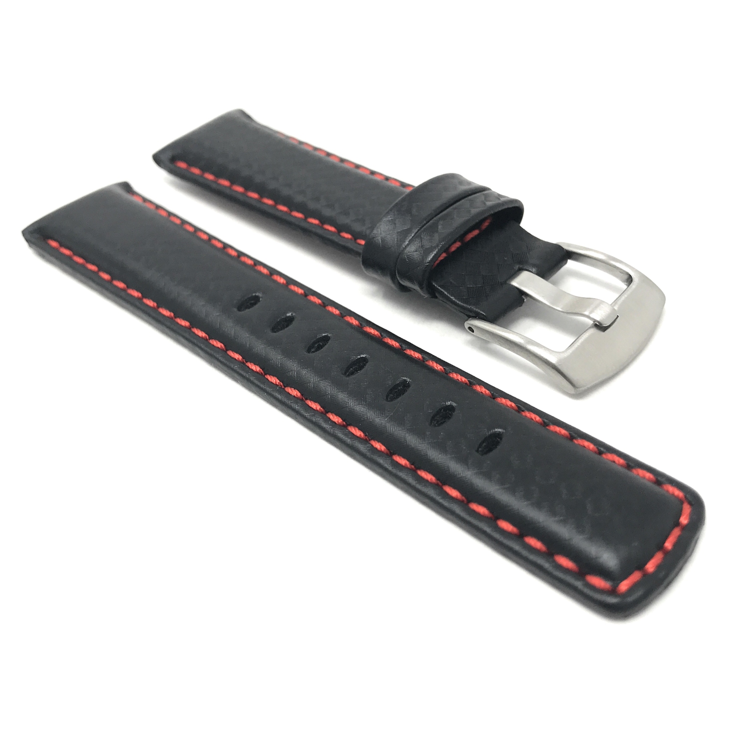 Bandini Mens Leather Carbon Fiber Pattern Smart Watch Band Strap For Skagen Falster 2 and 3, Jorn - 22mm, Black / Red / Silver Buckle