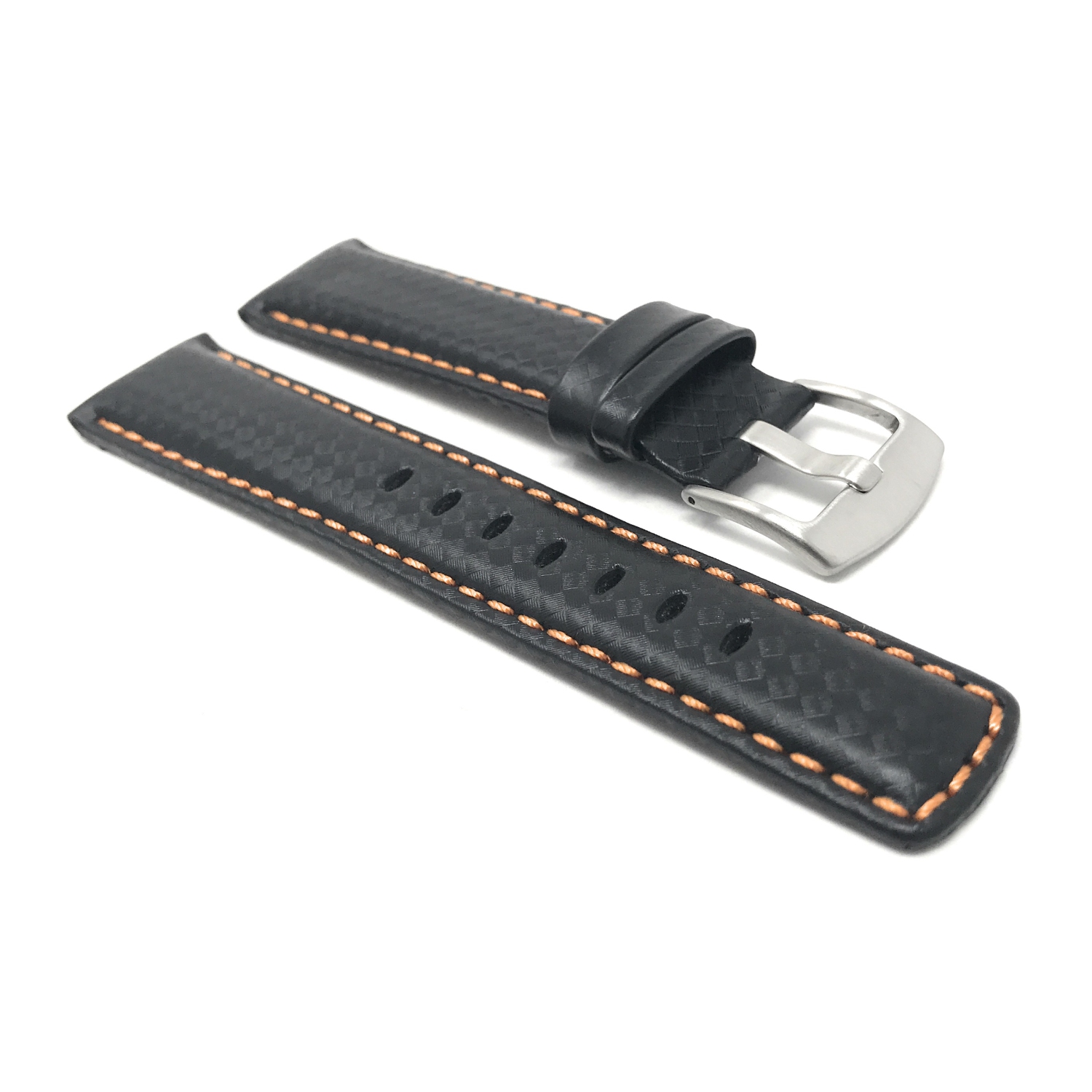 Bandini Mens Leather Carbon Fiber Pattern Smart Watch Band Strap For Skagen Falster 2 and 3, Jorn - 22mm, Black / Orange / Silver Buckle