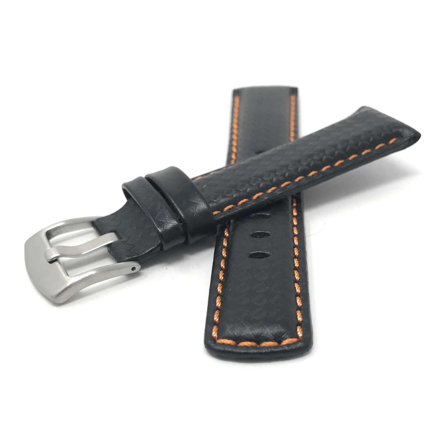 Bandini Mens Leather Carbon Fiber Pattern Smart Watch Band Strap For Skagen Falster 2 and 3, Jorn - 22mm, Black / Orange / Silver Buckle